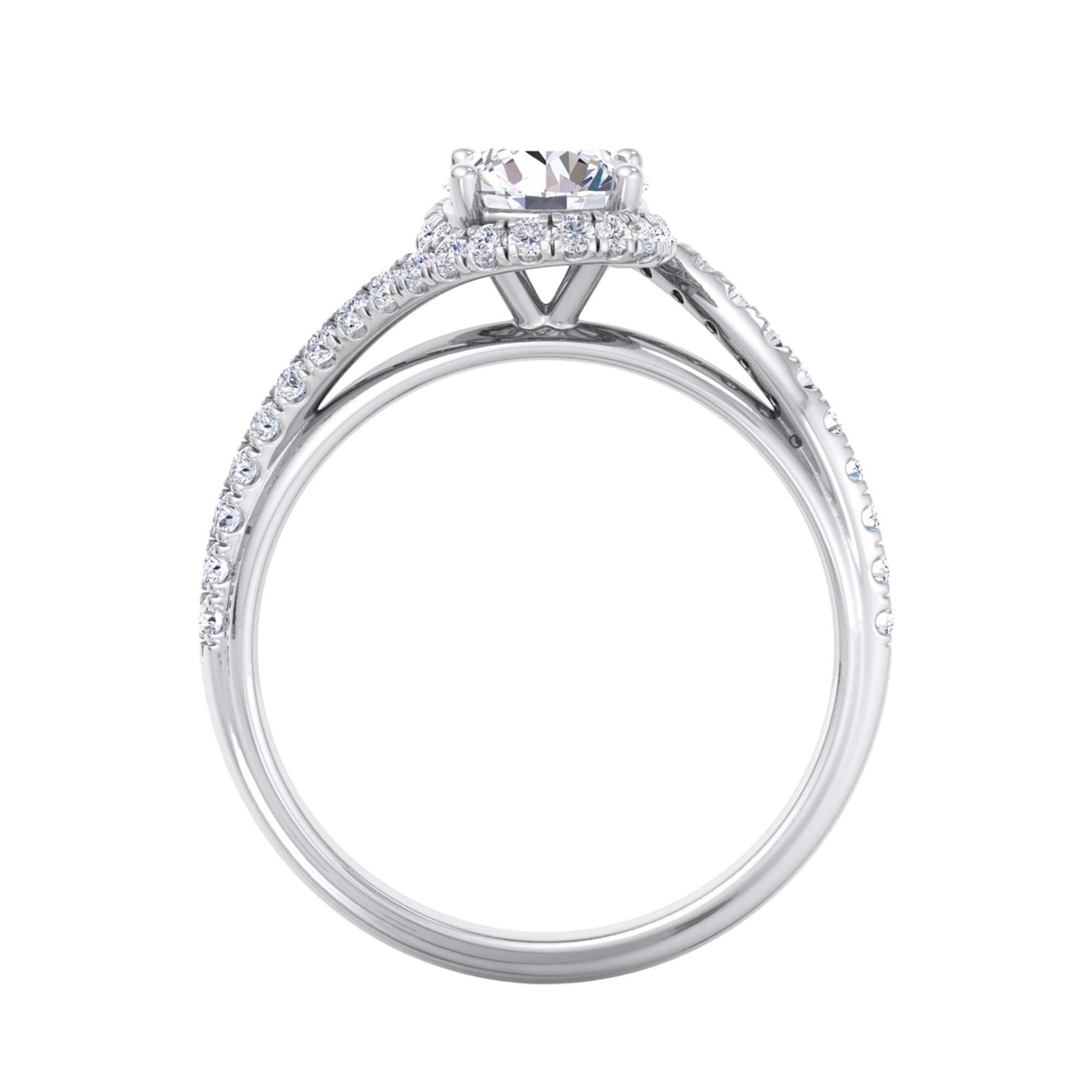Ronde 1.46 karaat split‑shank pavé ring met omvattende schouderlijnen