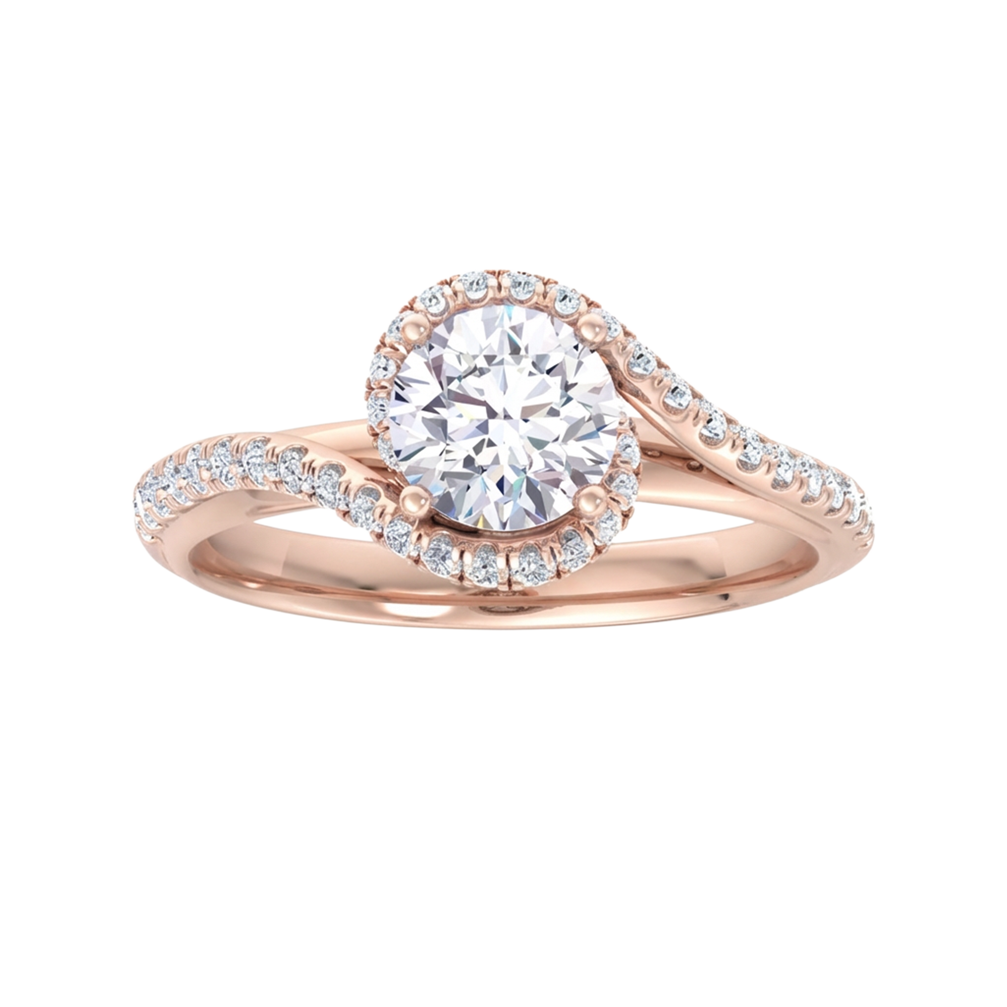 Ronde 1.46 karaat split‑shank pavé ring met omvattende schouderlijnen