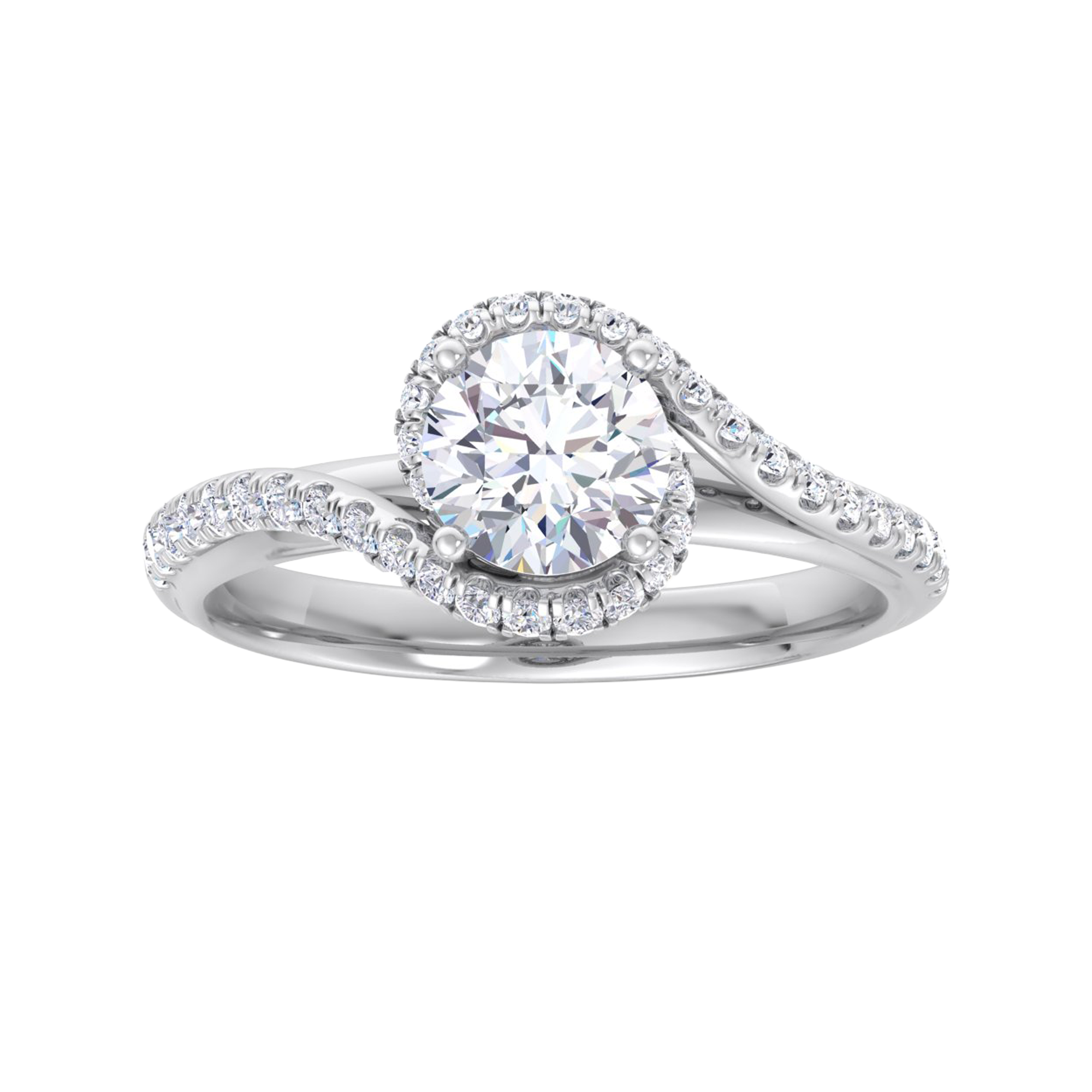 Ronde 1.46 karaat split‑shank pavé ring met omvattende schouderlijnen