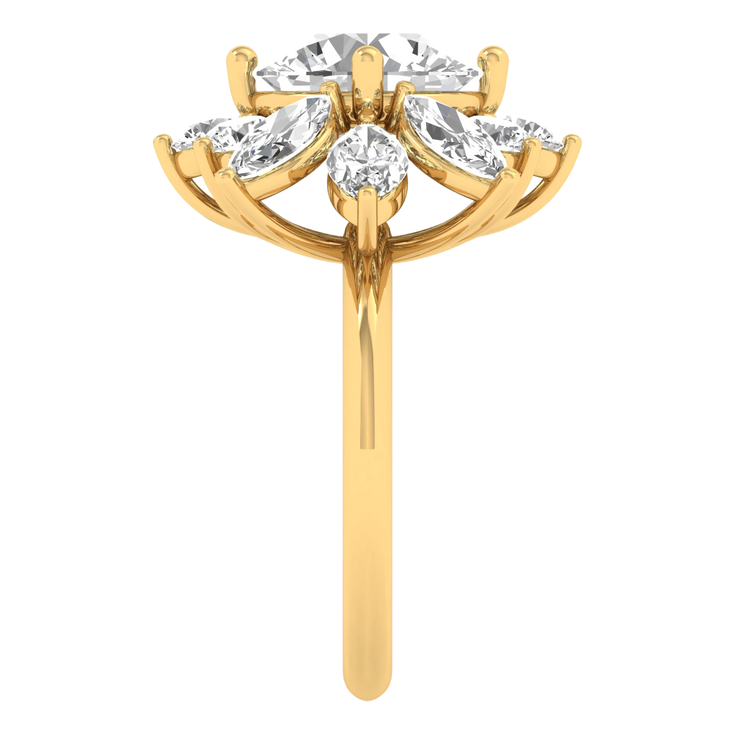 Entourage ring met marquise en ronde diamanten in bloemvorm 5,42 karaat