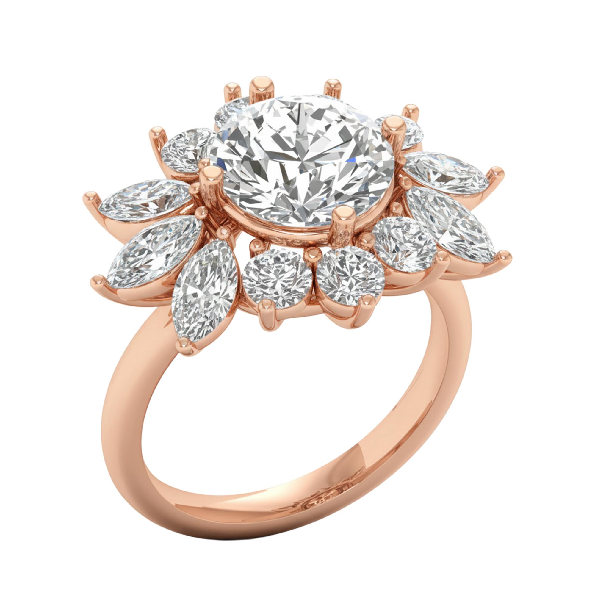 Entourage ring met marquise en ronde diamanten in bloemvorm 5,42 karaat