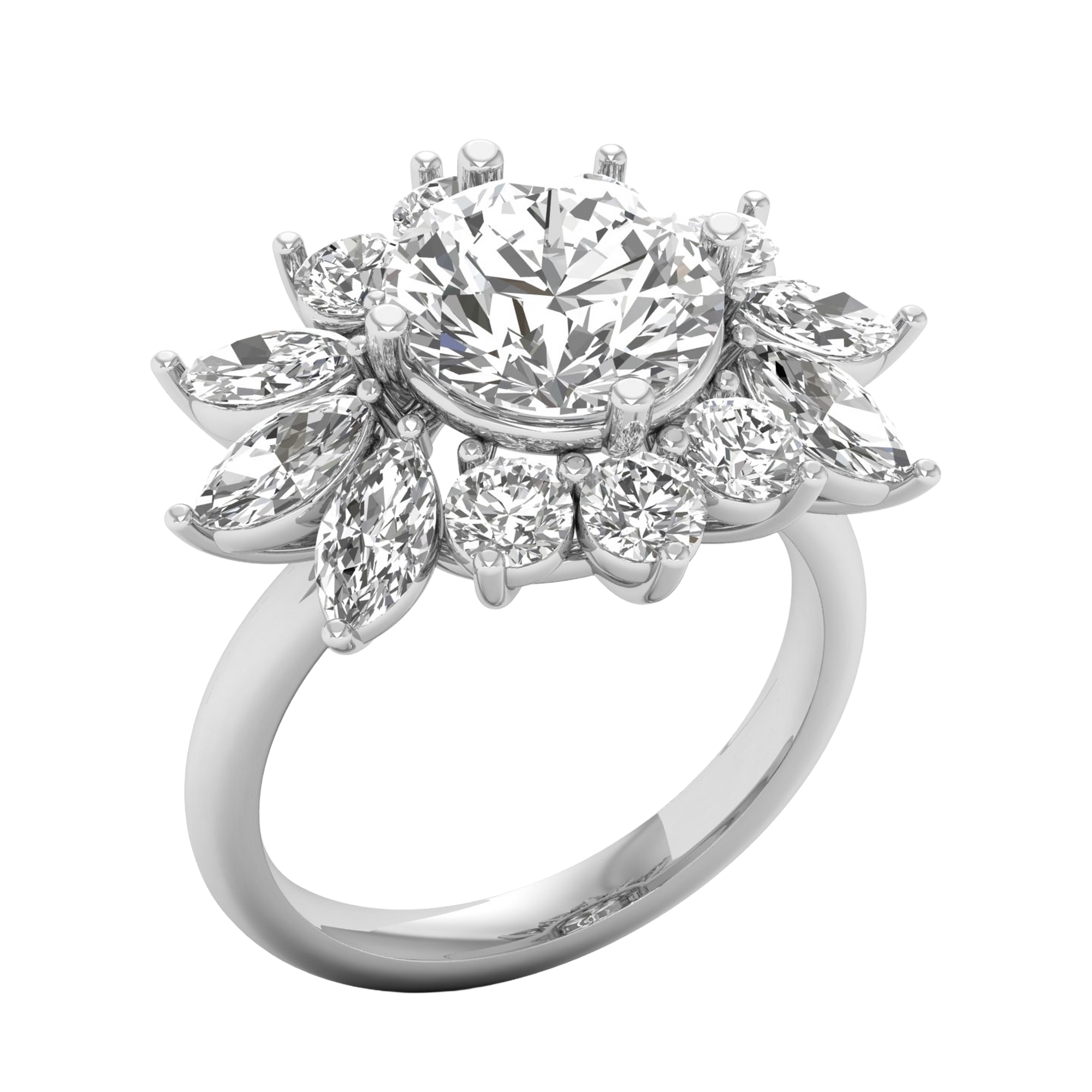 Entourage ring met marquise en ronde diamanten in bloemvorm 5,42 karaat