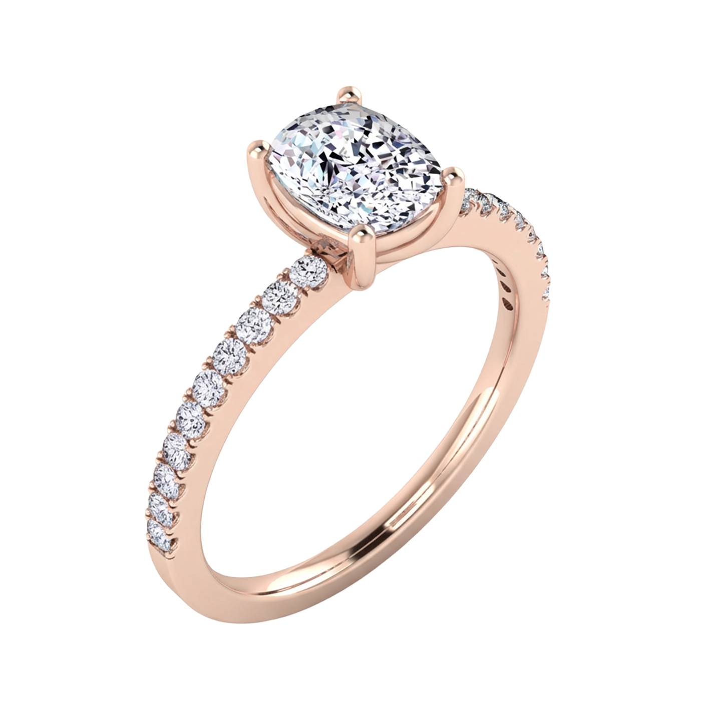 1.24 karaat cushion solitaire‑pavé ring met elegante pavé‑schouders