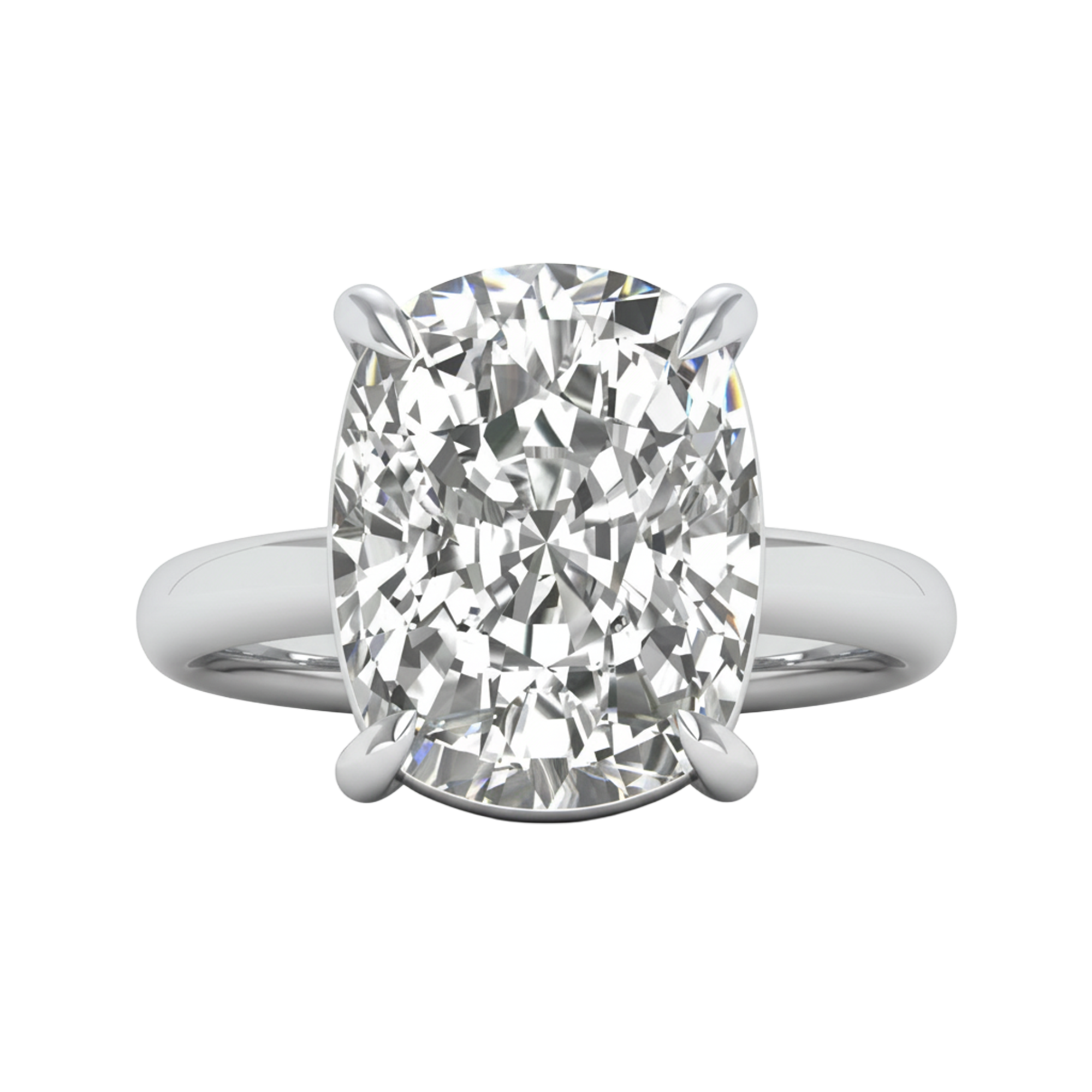 Solitaire ring met long cushion diamant en ronde band 8 karaat