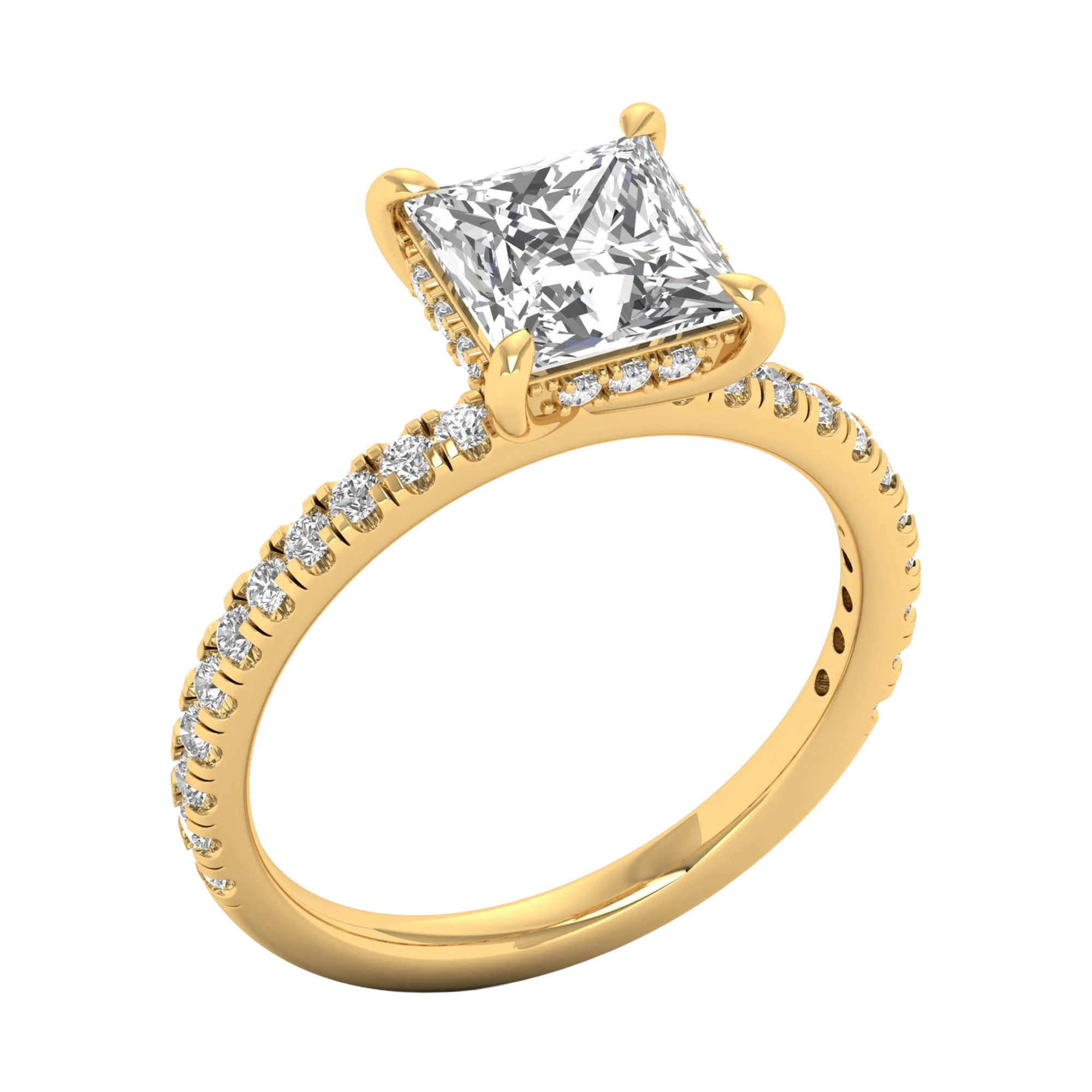 Princess 2.4 karaat solitair met hidden halo en pavé‑band
