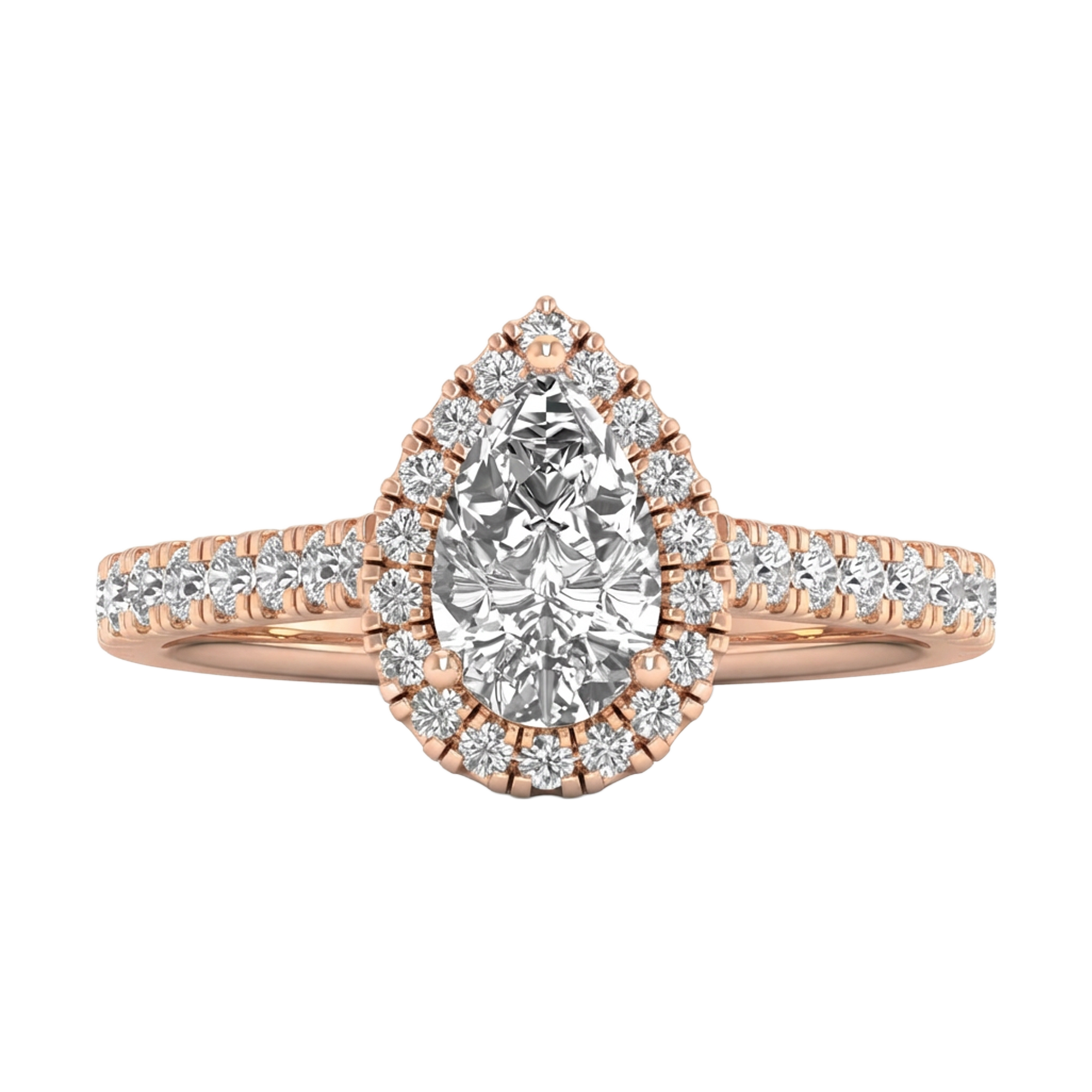 Halo ring met peervormige diamant en pavé band 0,6 karaat