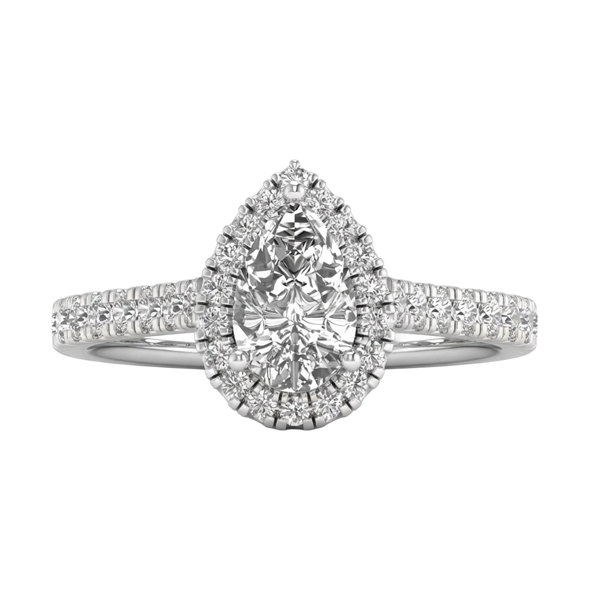 Halo ring met peervormige diamant en pavé band 0,6 karaat