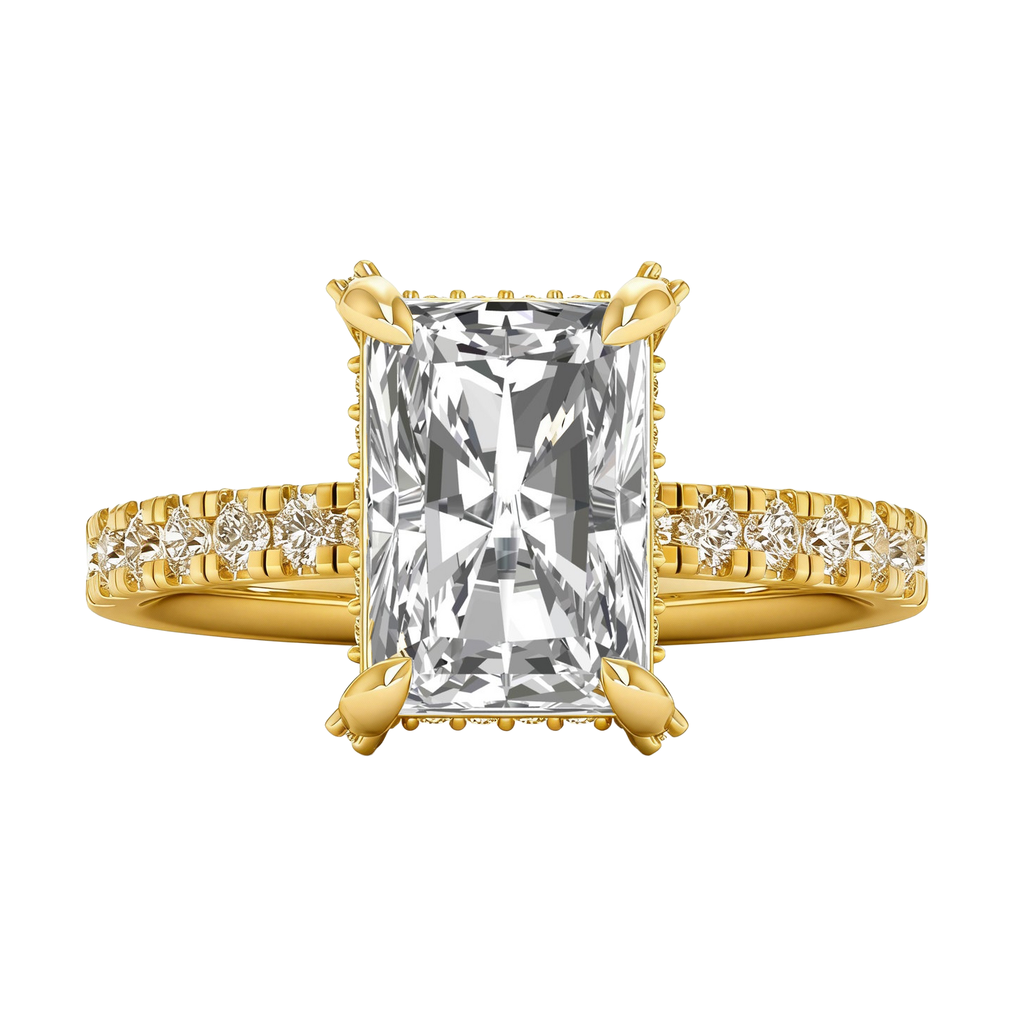 Long radiant 3 karaat solitair met hidden halo en prong‑diamanten