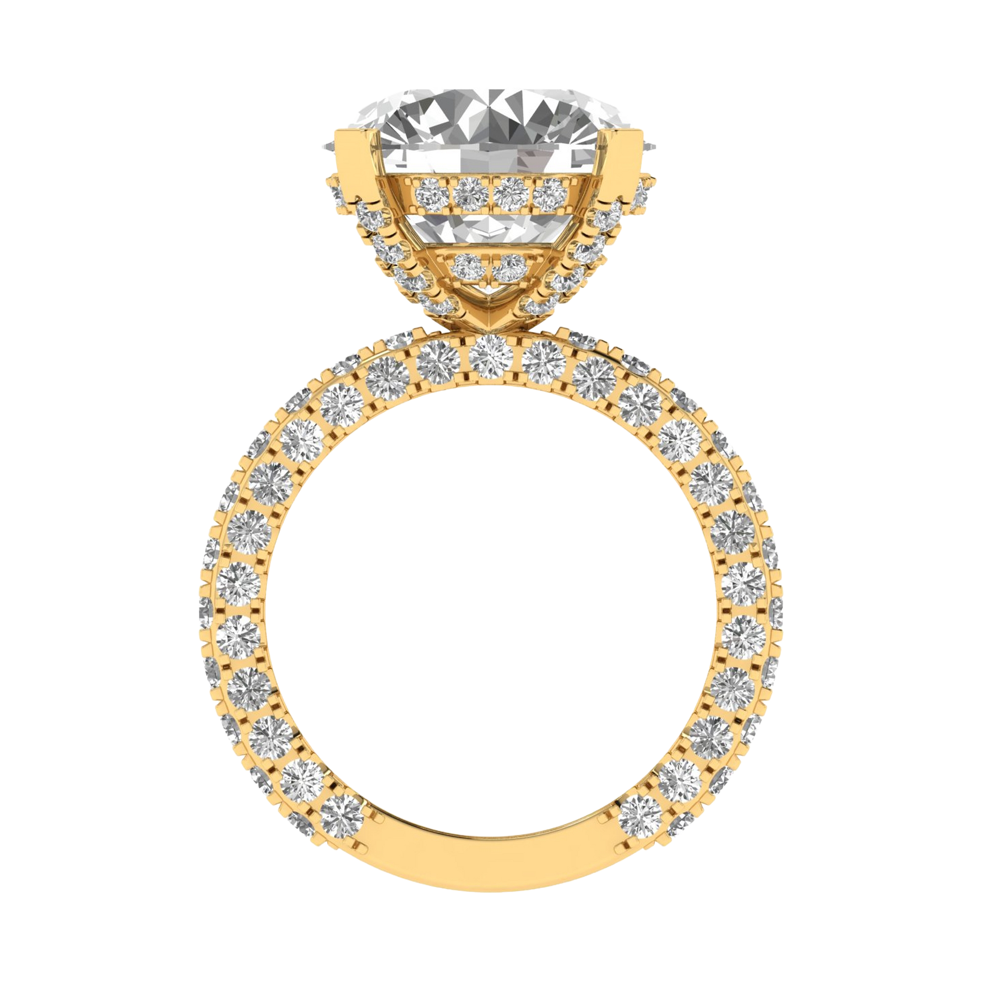 10.68 karaat rond solitaire‑pavé ring met dubbele hidden‑halo kroon