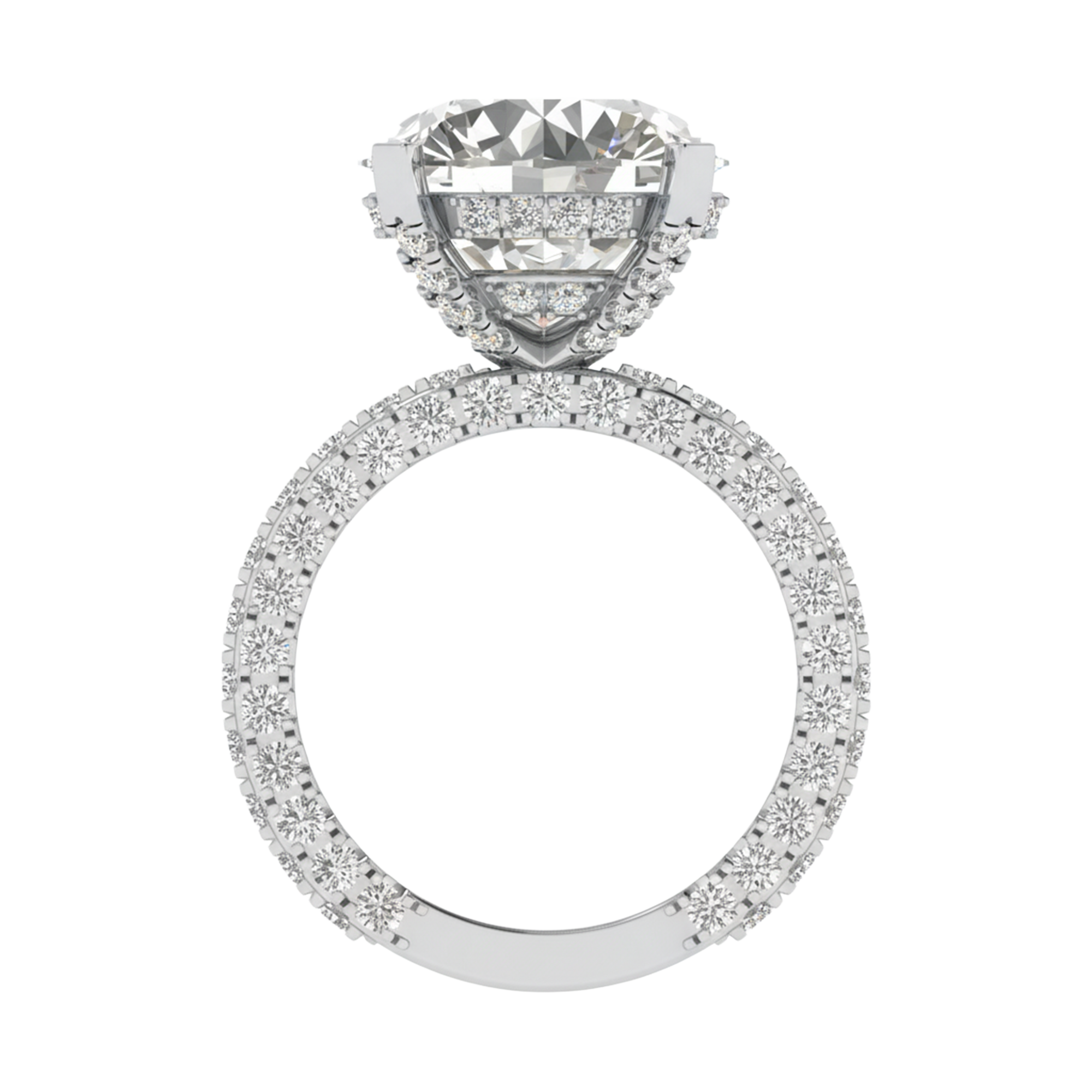 10.68 karaat rond solitaire‑pavé ring met dubbele hidden‑halo kroon