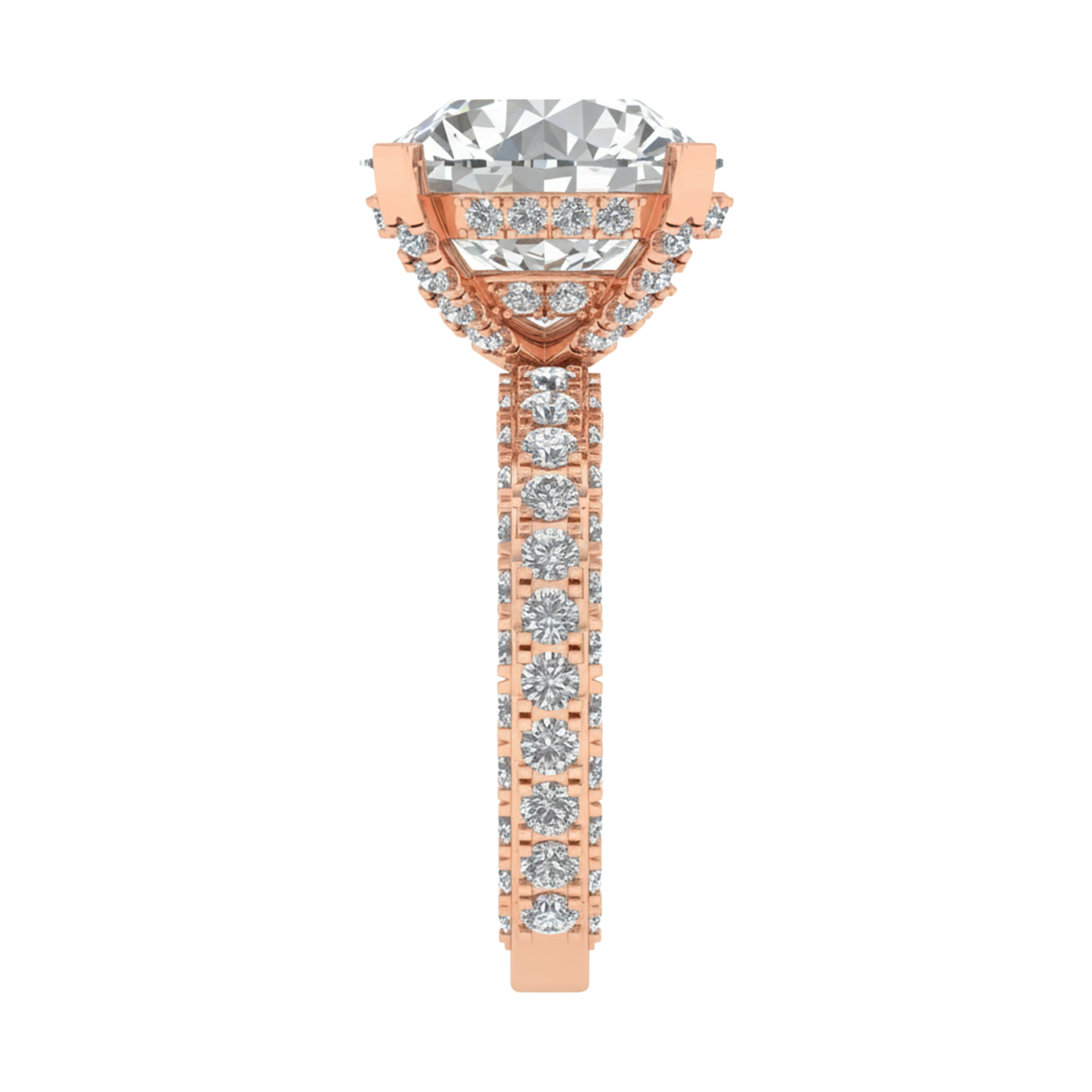 10.68 karaat rond solitaire‑pavé ring met dubbele hidden‑halo kroon