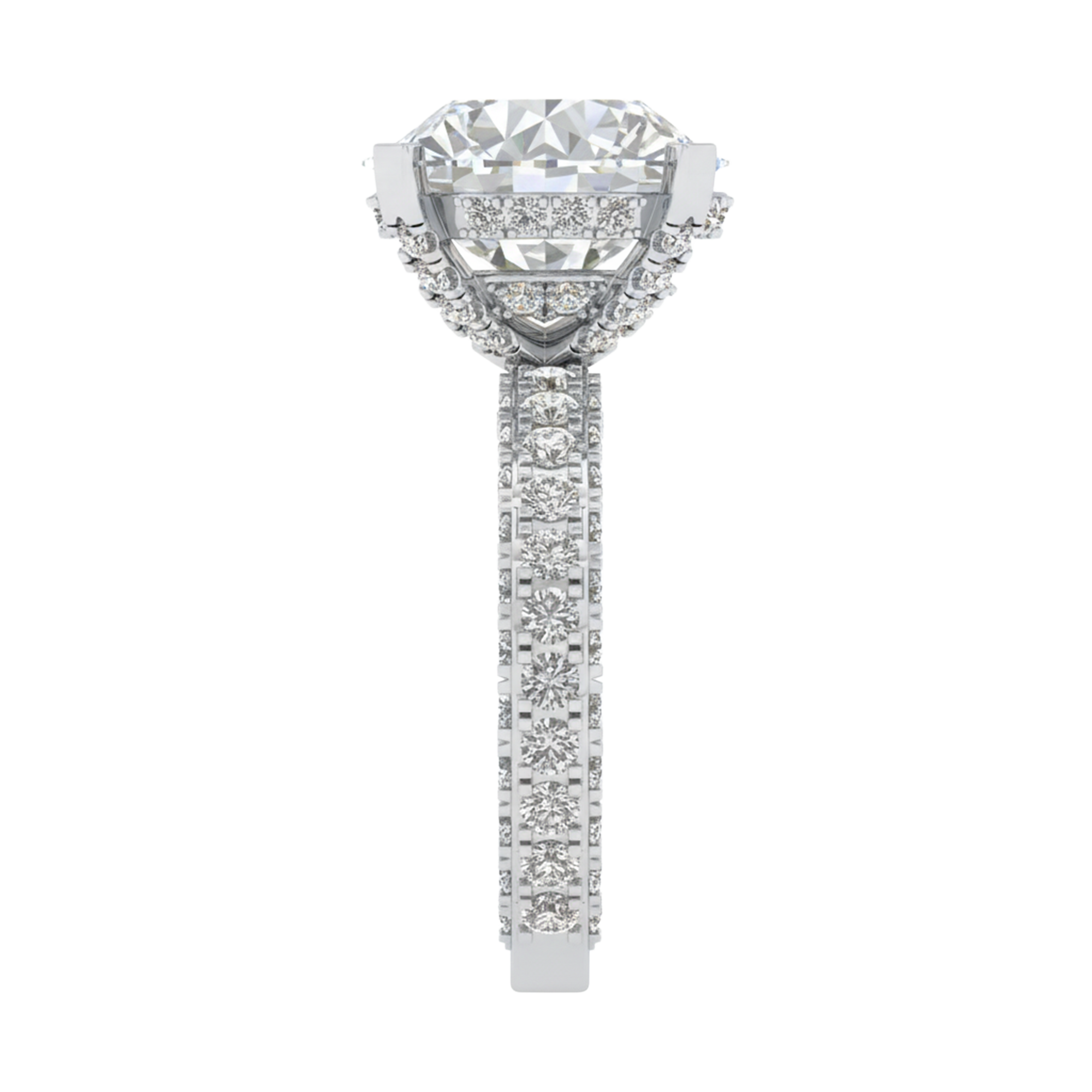 10.68 karaat rond solitaire‑pavé ring met dubbele hidden‑halo kroon