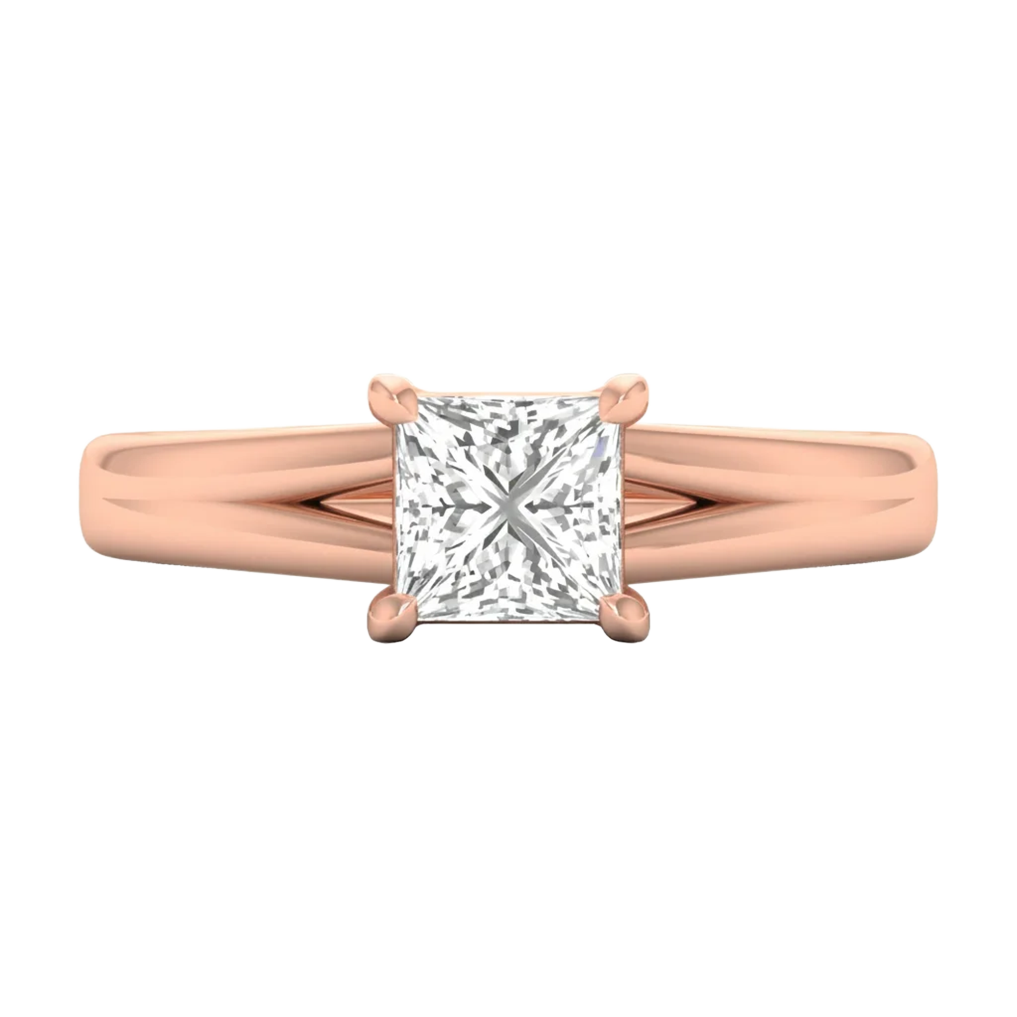 Solitaire ring met princess cut diamant en split‑shank band 1 karaat