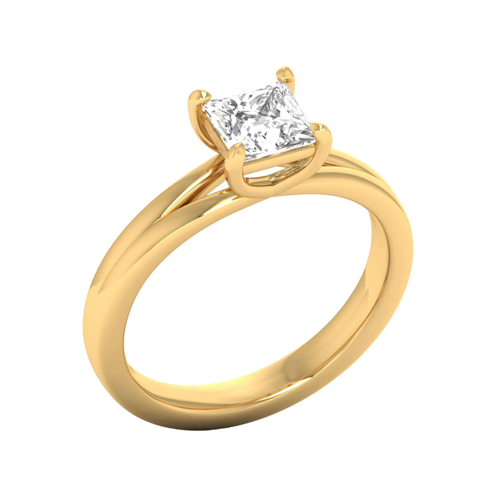 Solitaire ring met princess cut diamant en split‑shank band 1 karaat