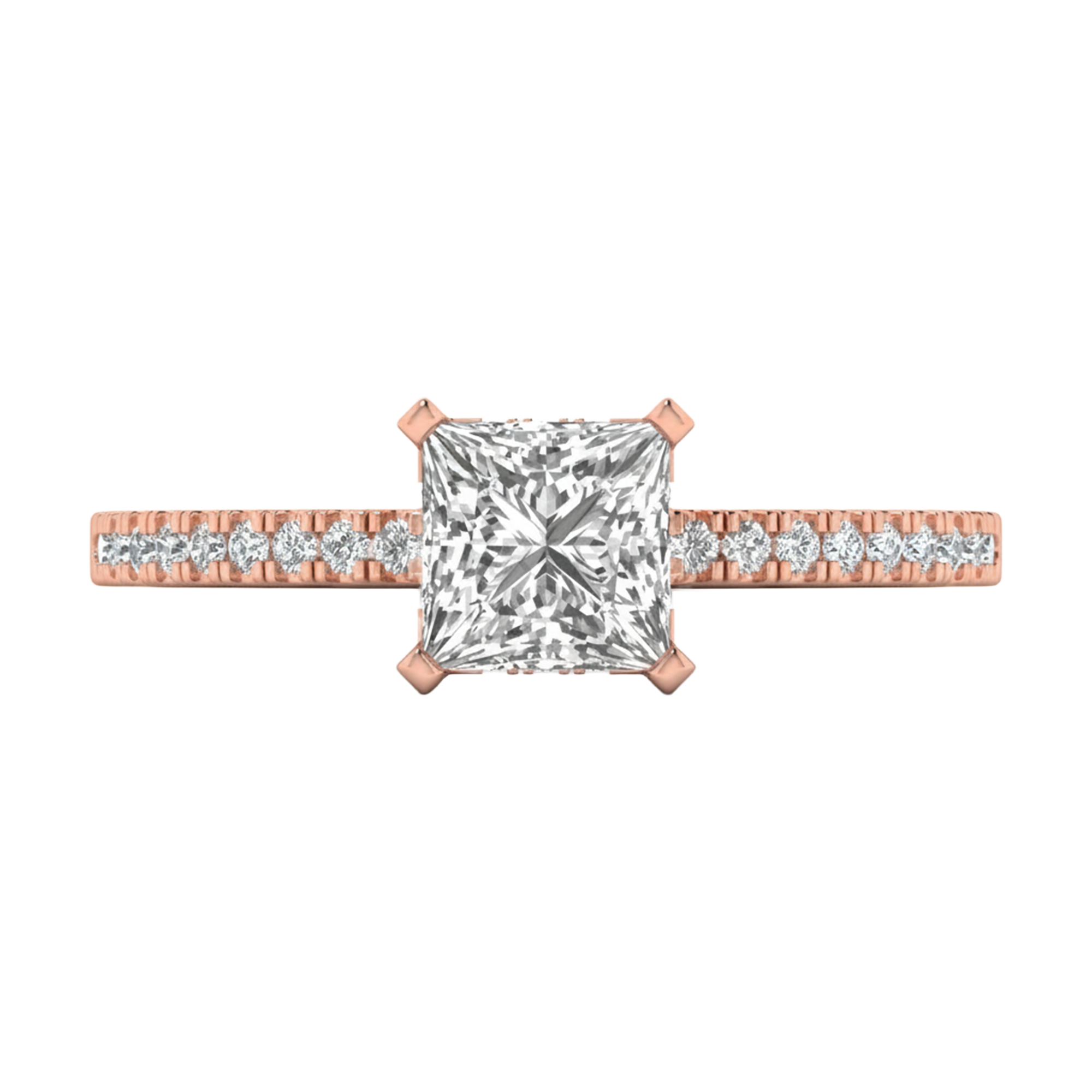 Princess 1.25 karaat solitair met dubbele hidden halo en pavé‑band