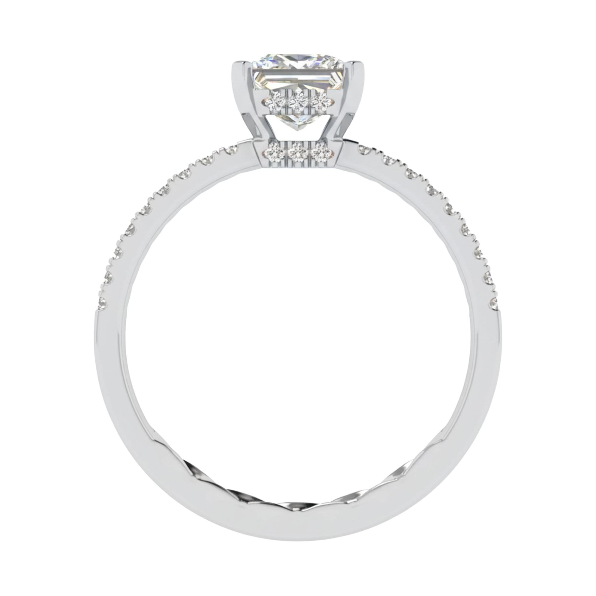 Princess 1.25 karaat solitair met dubbele hidden halo en pavé‑band