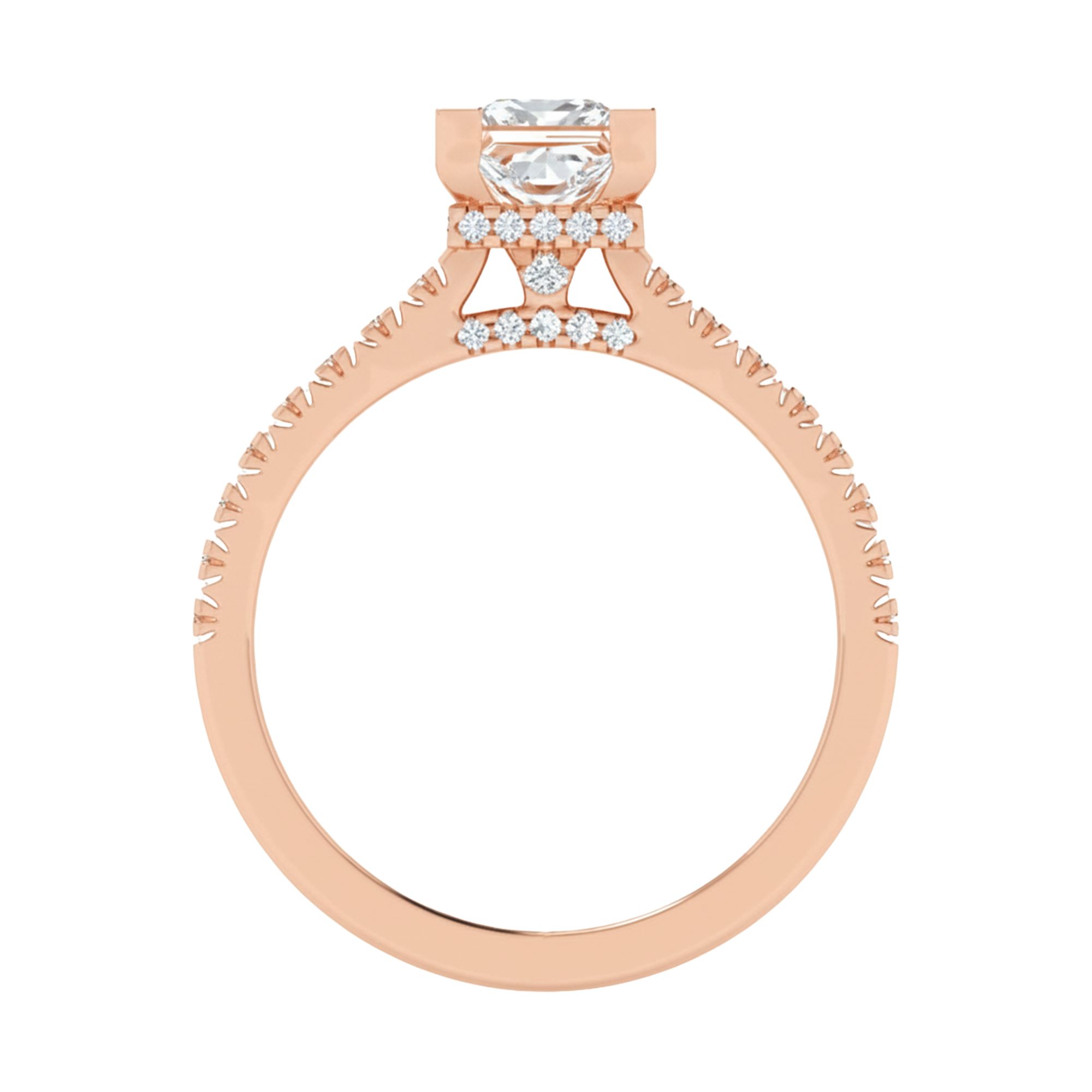 Princess 1.45 karaat solitair met dubbele hidden halo en pavé‑band