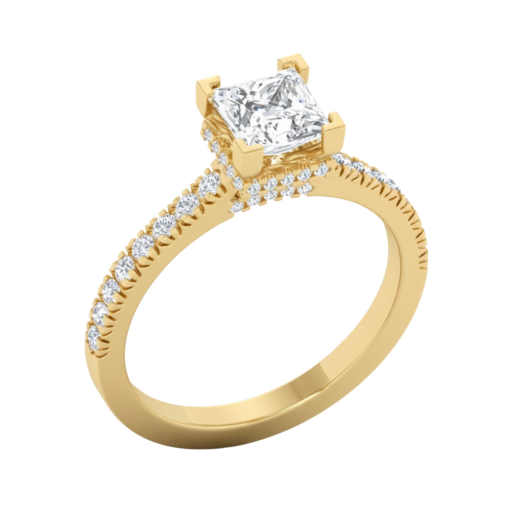 Princess 1.45 karaat solitair met dubbele hidden halo en pavé‑band