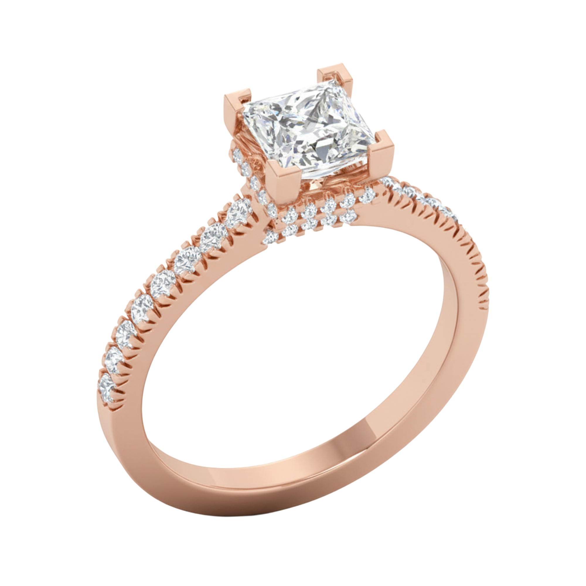 Princess 1.45 karaat solitair met dubbele hidden halo en pavé‑band