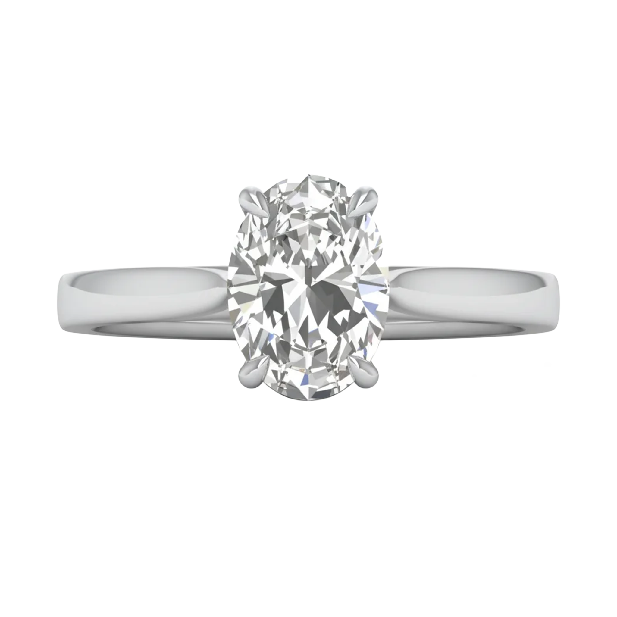 Ovale Solitaire Ring met 4‑Poots Zetting en Flat‑Rectangular Band 0,25–3 karaat