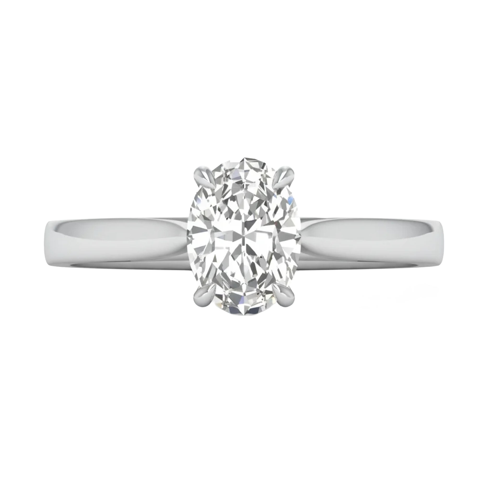 Ovale Solitaire Ring met 4‑Poots Zetting en Flat‑Rectangular Band 0,25–3 karaat
