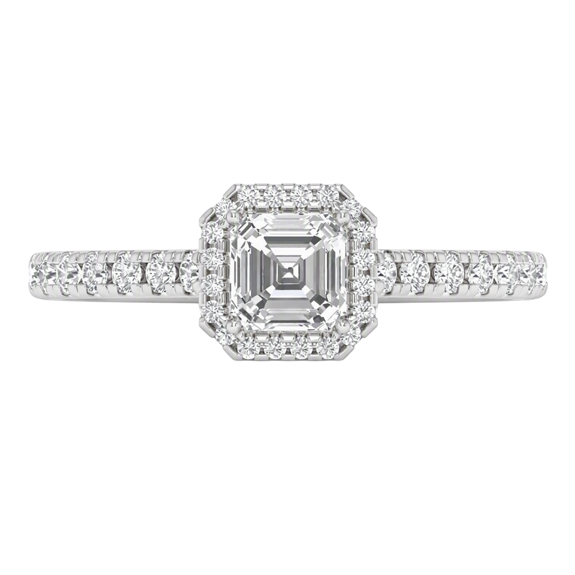 Asscher Halo Ring with Pavé Band 0.8–3.73 Carat