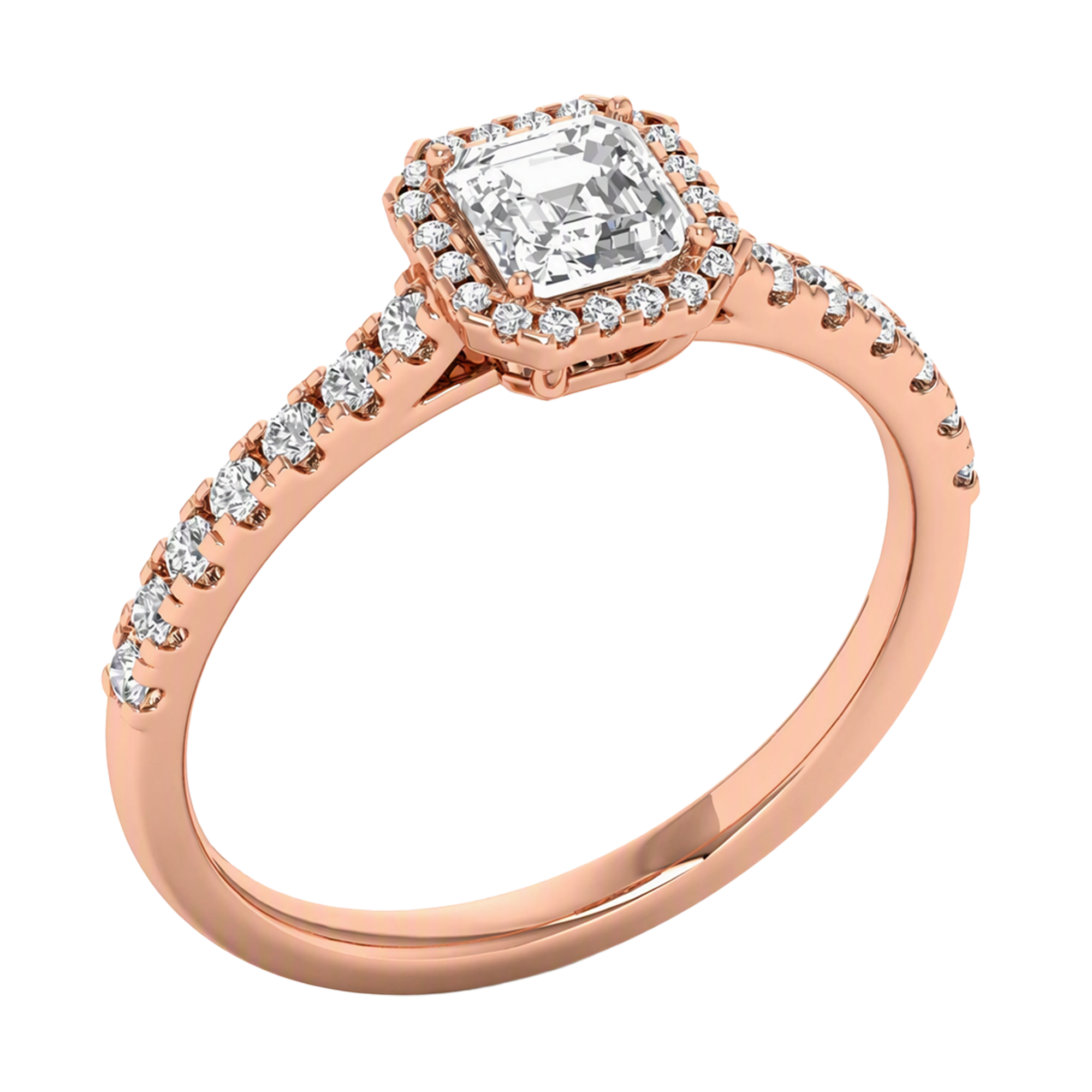 Asscher Halo Ring with Pavé Band 0.8–3.73 Carat