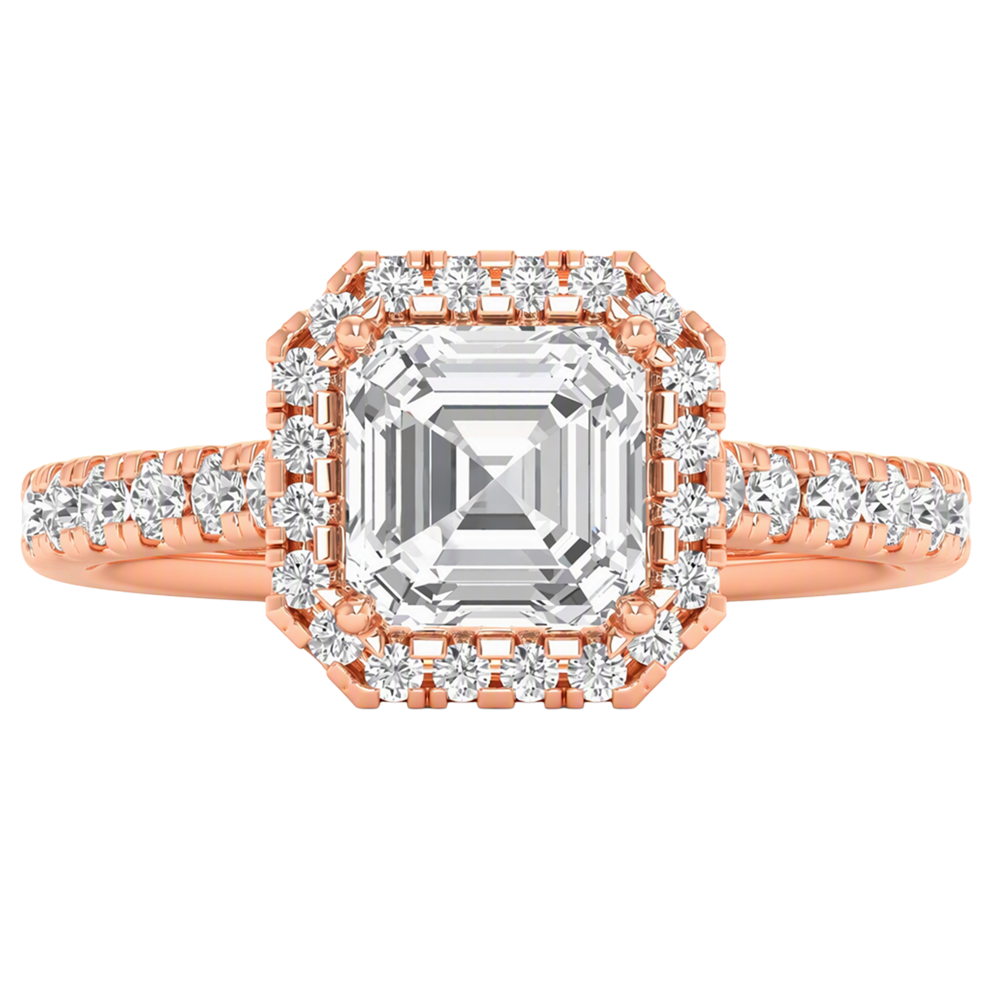 Asscher Halo Ring with Pavé Band 0.8–3.73 Carat