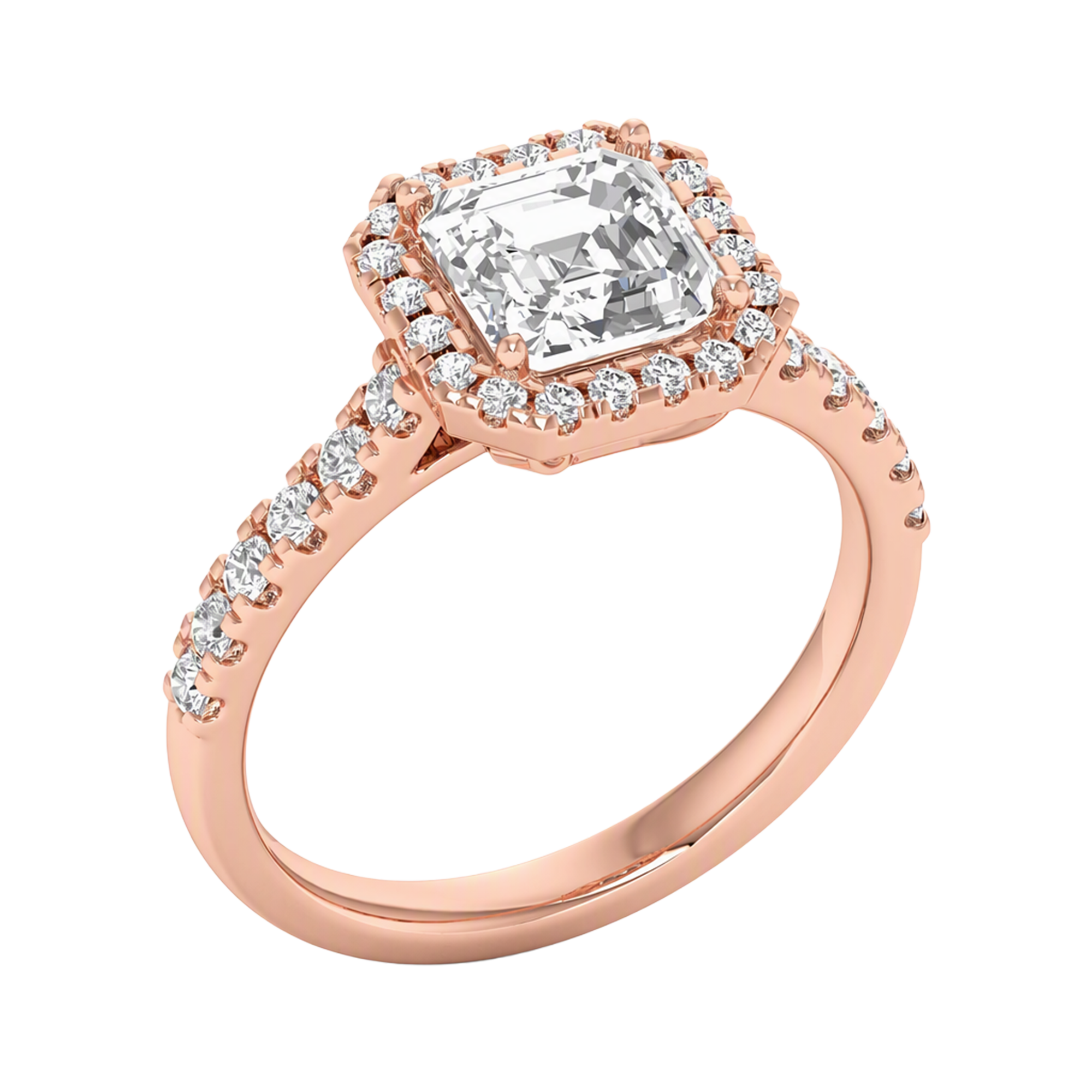 Asscher Halo Ring with Pavé Band 0.8–3.73 Carat