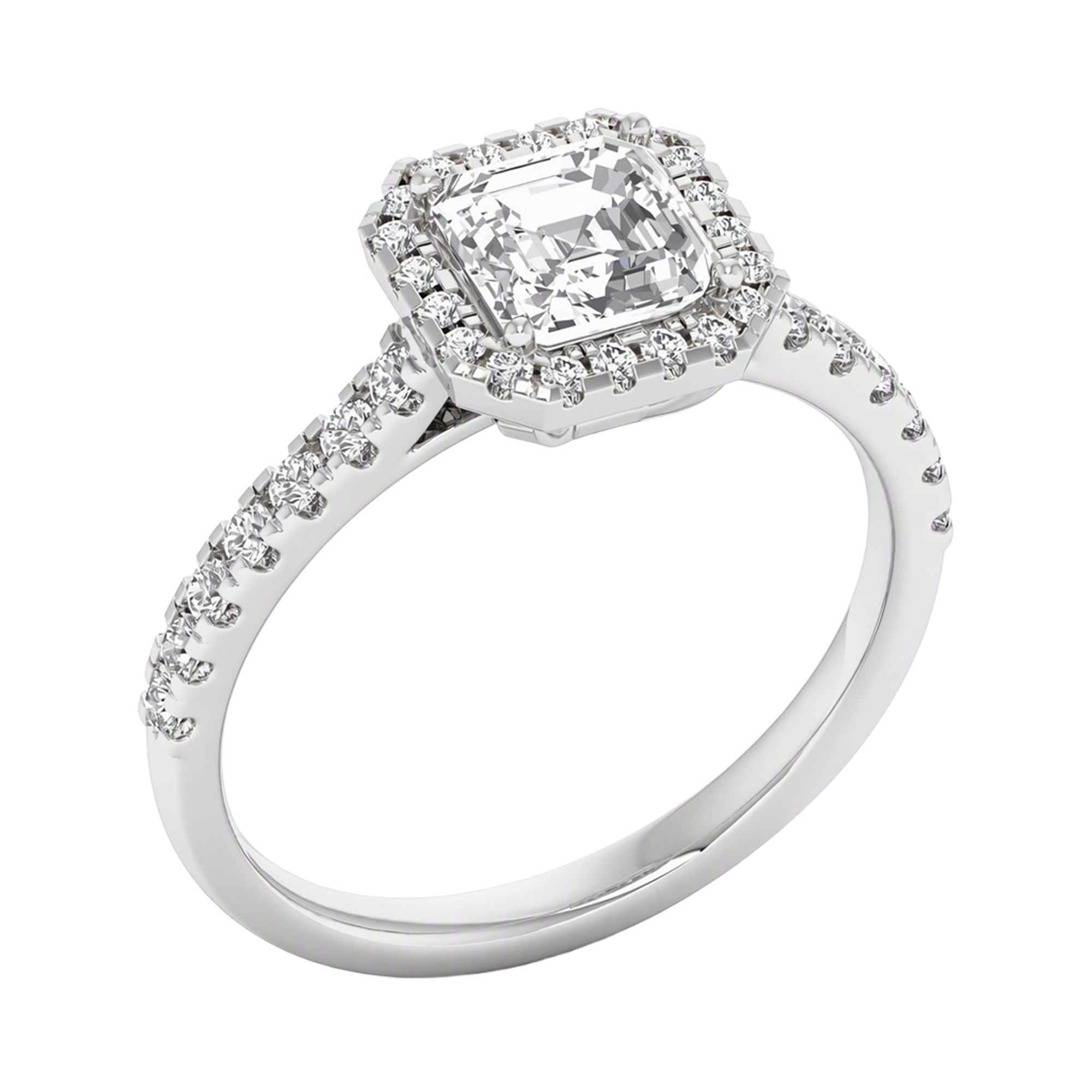 Asscher Halo Ring with Pavé Band 0.8–3.73 Carat
