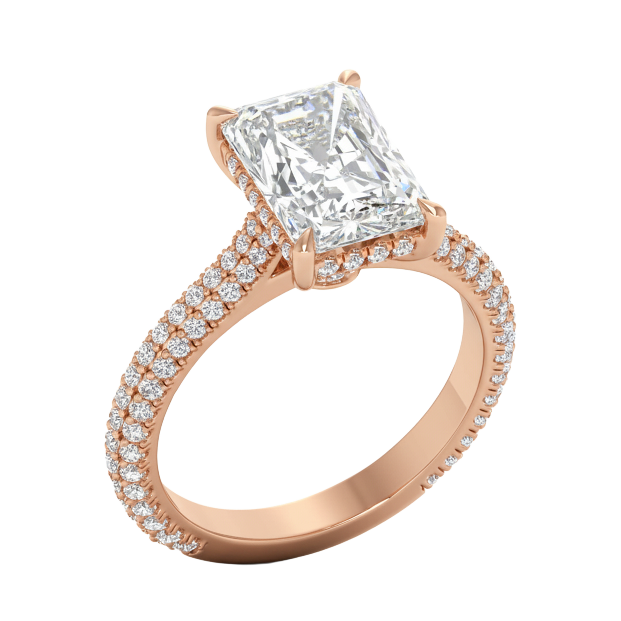 3,88 karaat radiant solitaire pave ring met hidden halo