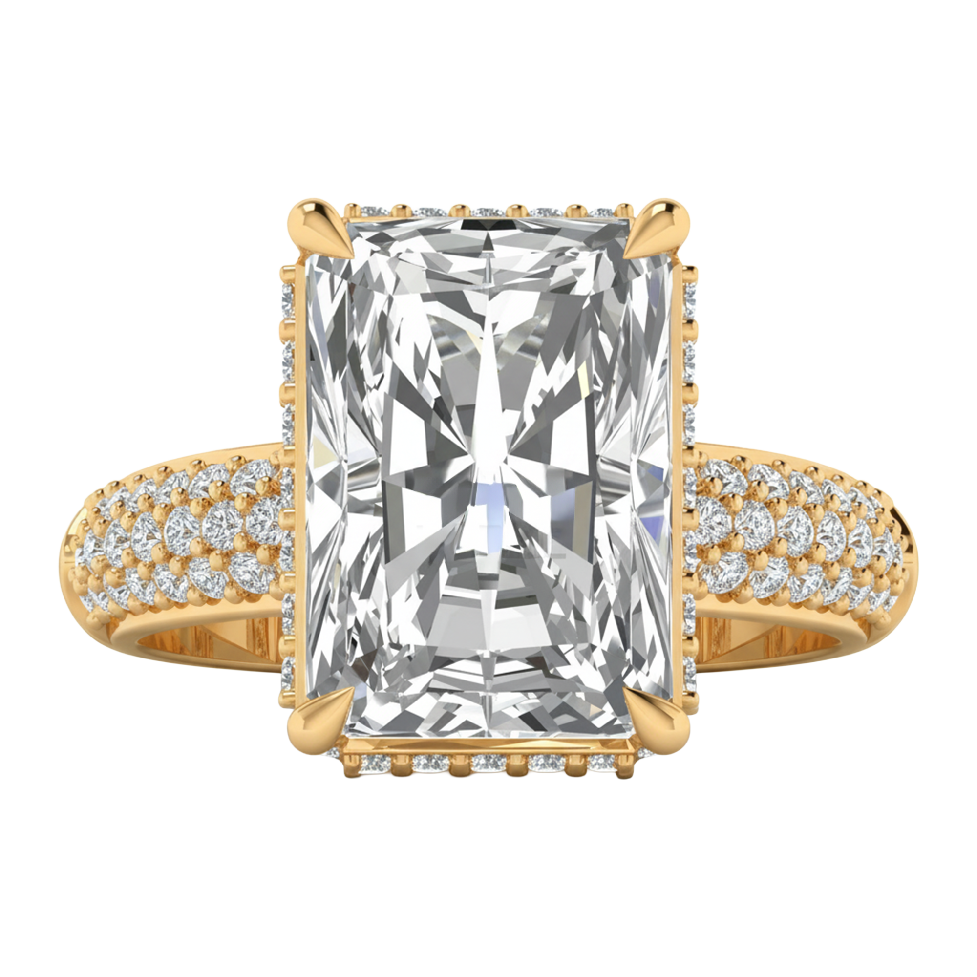 4,68 karaat lange radiant solitaire pave ring met hidden halo en meerdere rijen pave
