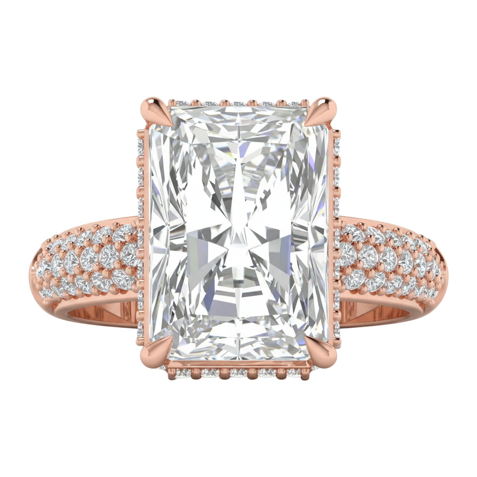 4,68 karaat lange radiant solitaire pave ring met hidden halo en meerdere rijen pave
