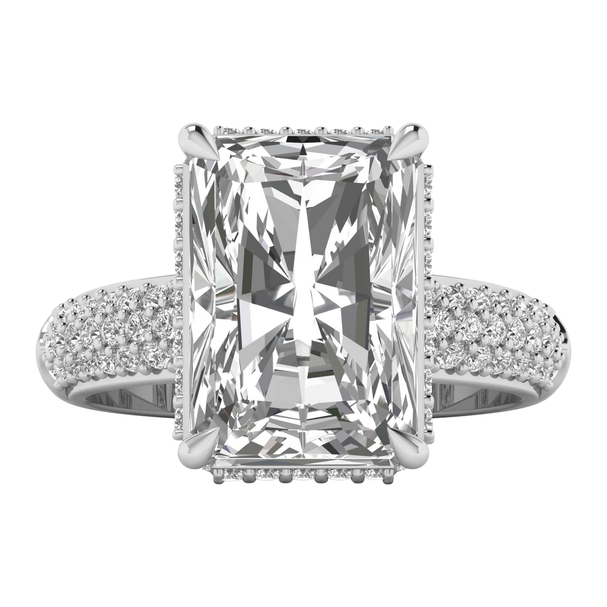 4,68 karaat lange radiant solitaire pave ring met hidden halo en meerdere rijen pave