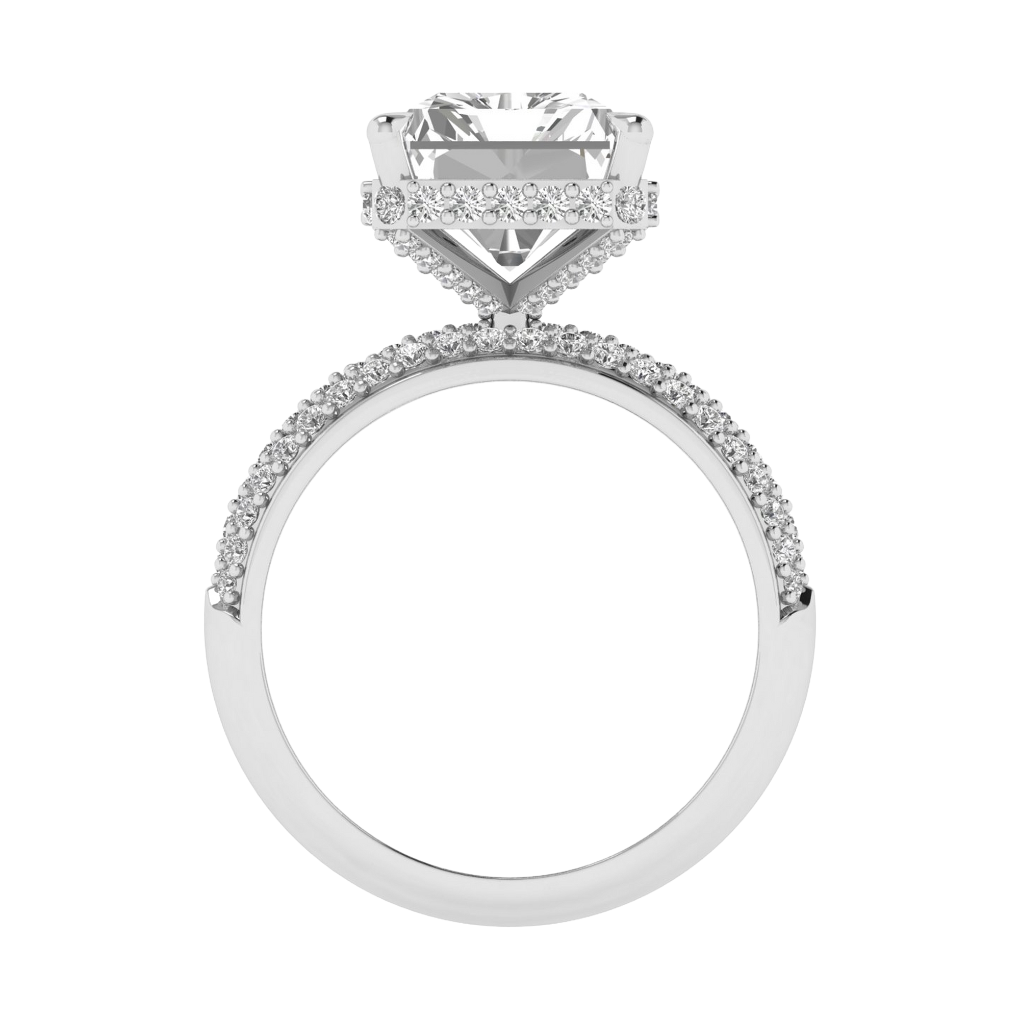 4,68 karaat lange radiant solitaire pave ring met hidden halo en meerdere rijen pave