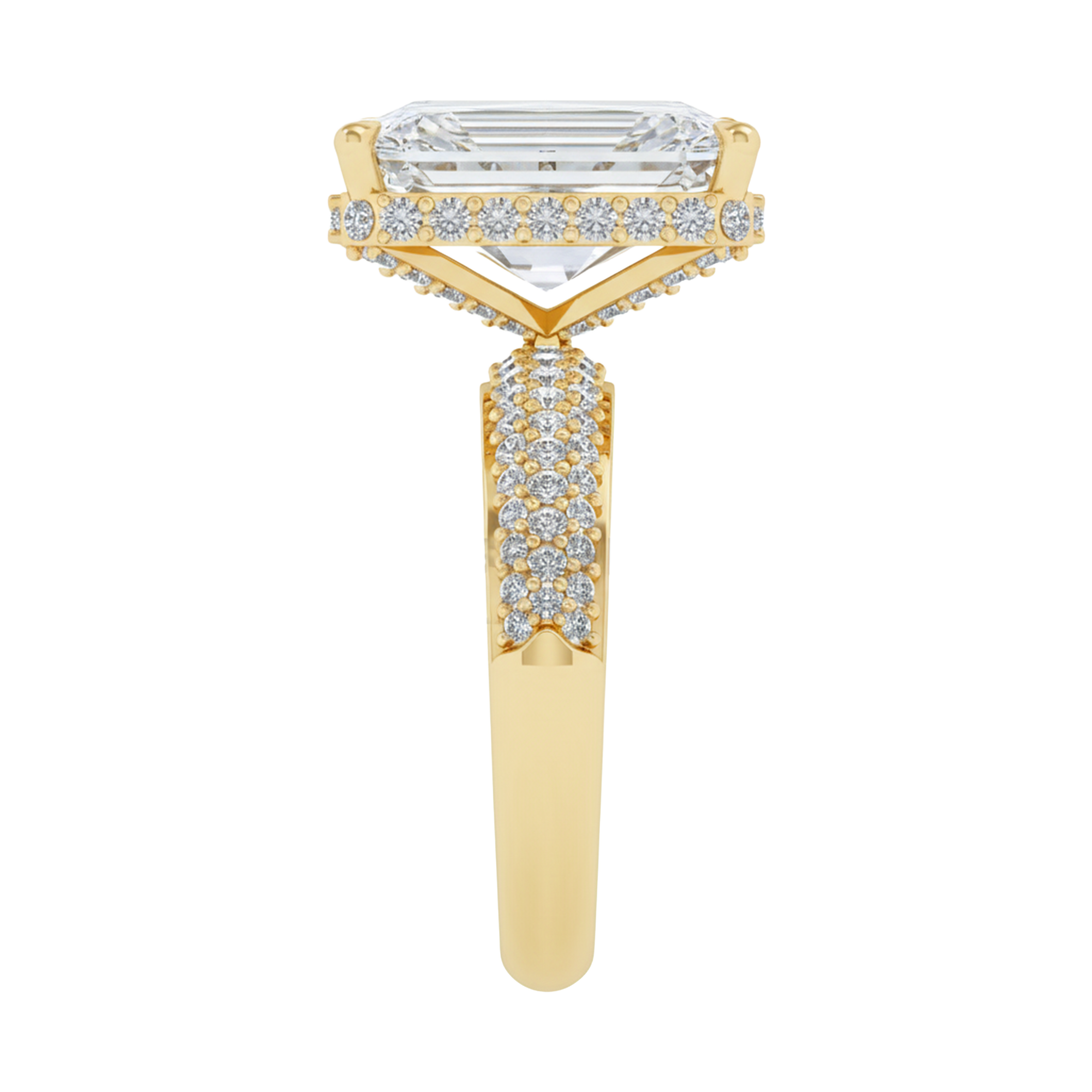 4,68 karaat lange radiant solitaire pave ring met hidden halo en meerdere rijen pave