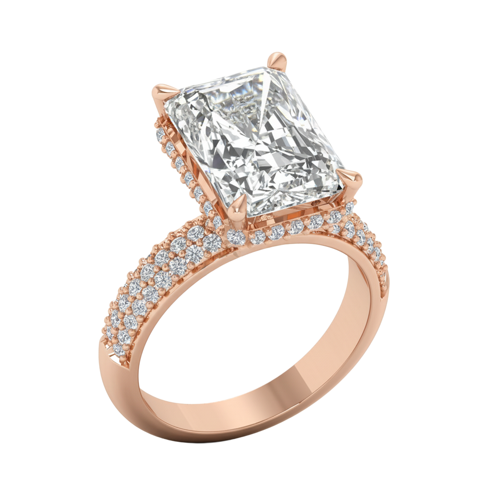 4,68 karaat lange radiant solitaire pave ring met hidden halo en meerdere rijen pave