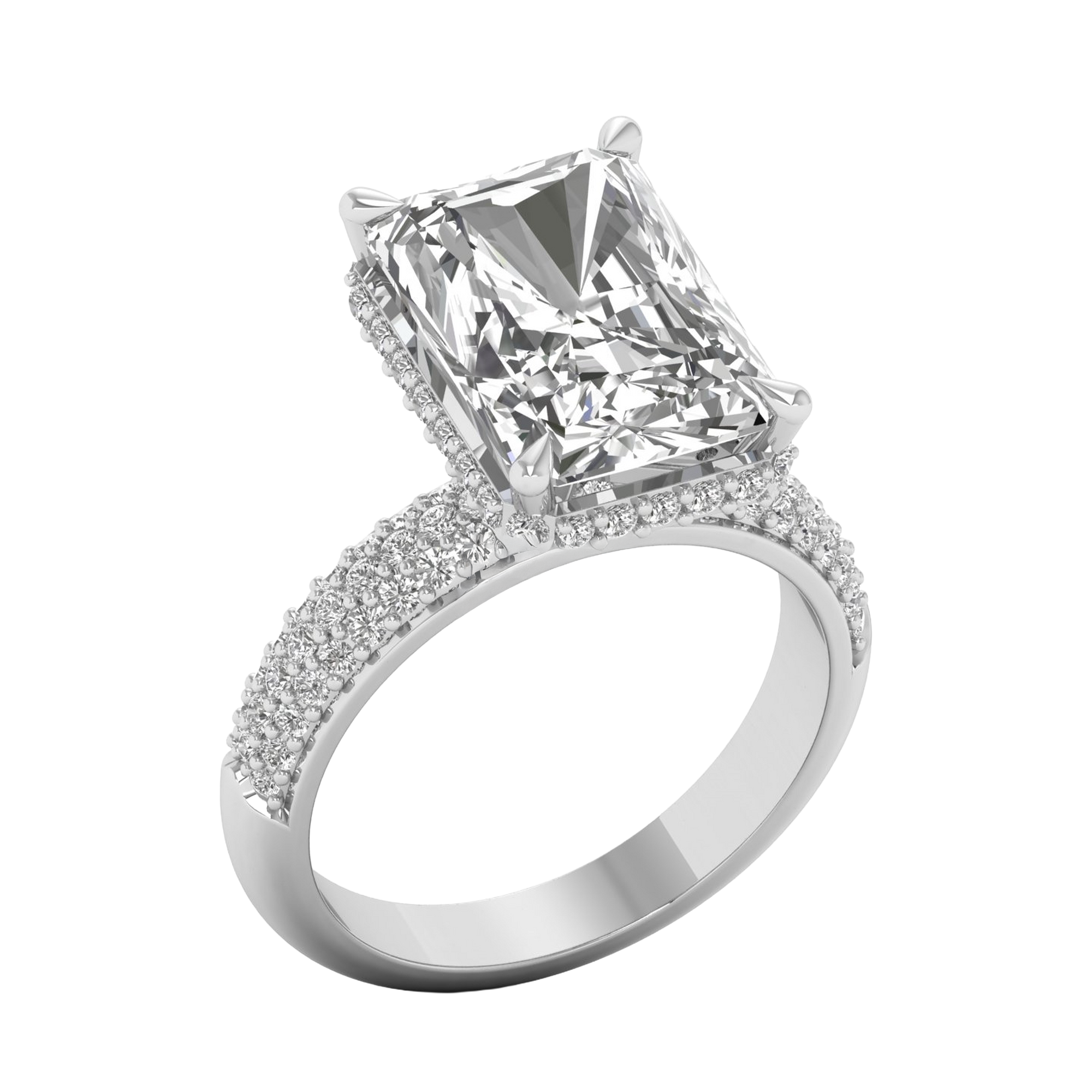 4,68 karaat lange radiant solitaire pave ring met hidden halo en meerdere rijen pave