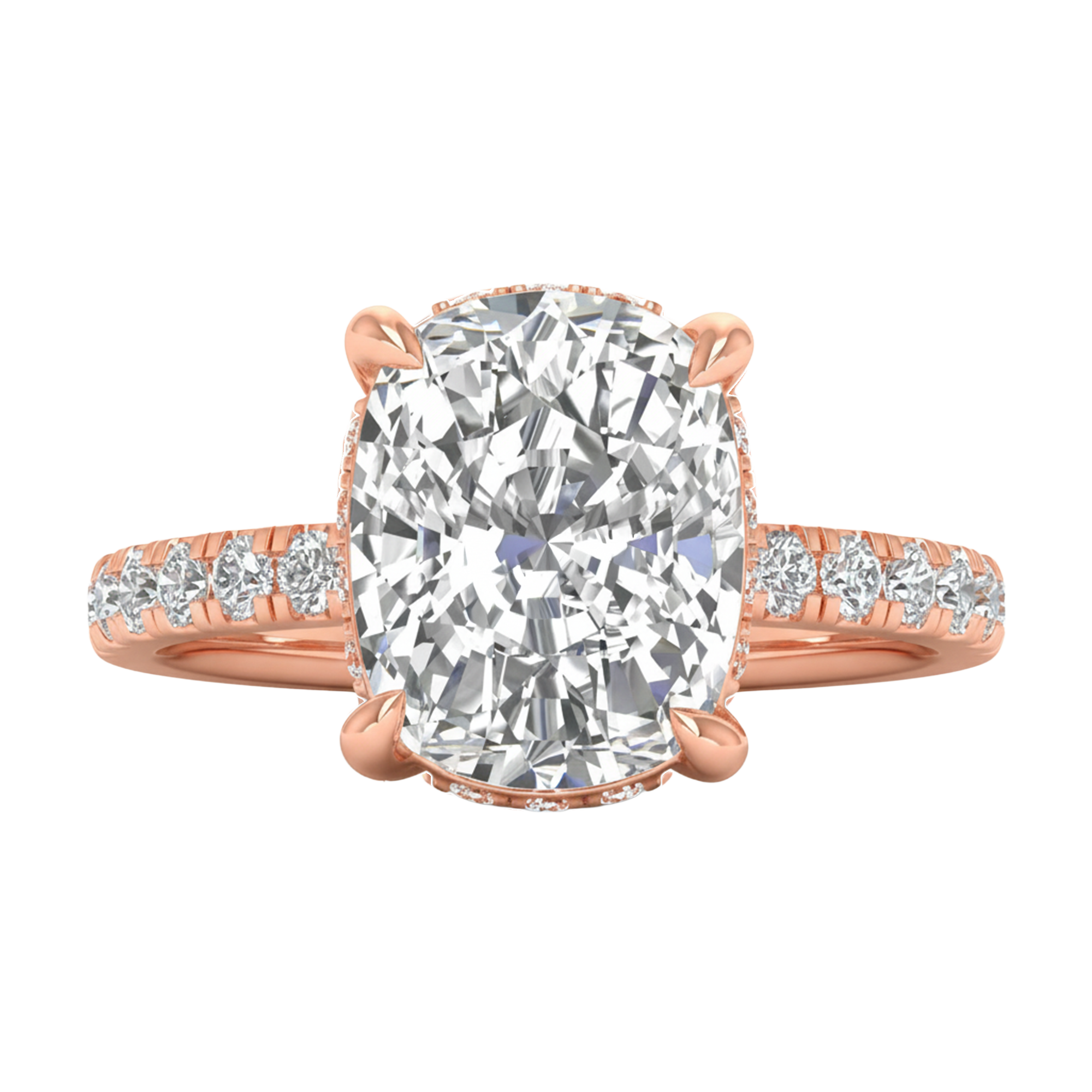 4.66 karaat cushion solitaire‑pavé ring met verfijnde hidden‑halo rand