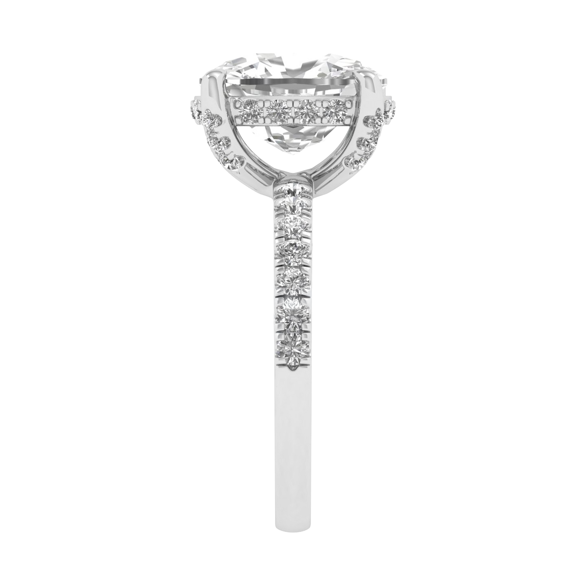 4.66 karaat cushion solitaire‑pavé ring met verfijnde hidden‑halo rand