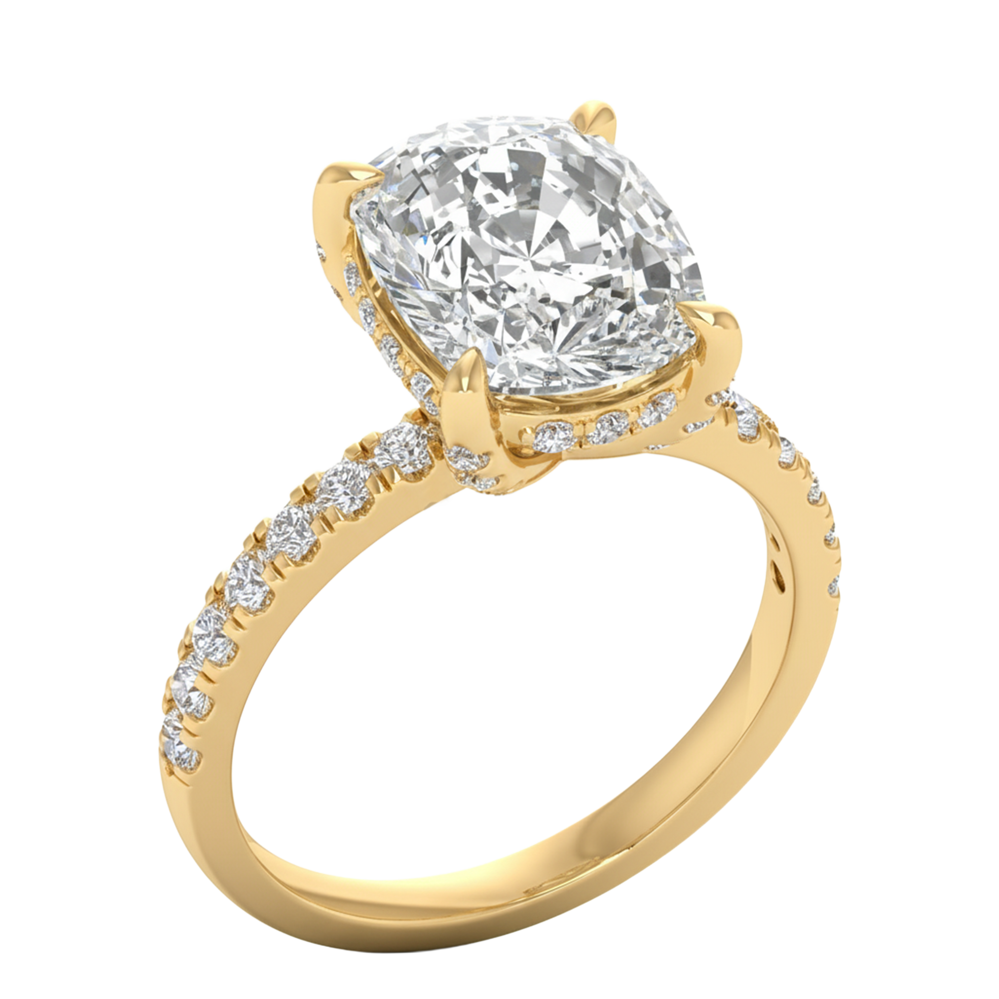 4.66 karaat cushion solitaire‑pavé ring met verfijnde hidden‑halo rand