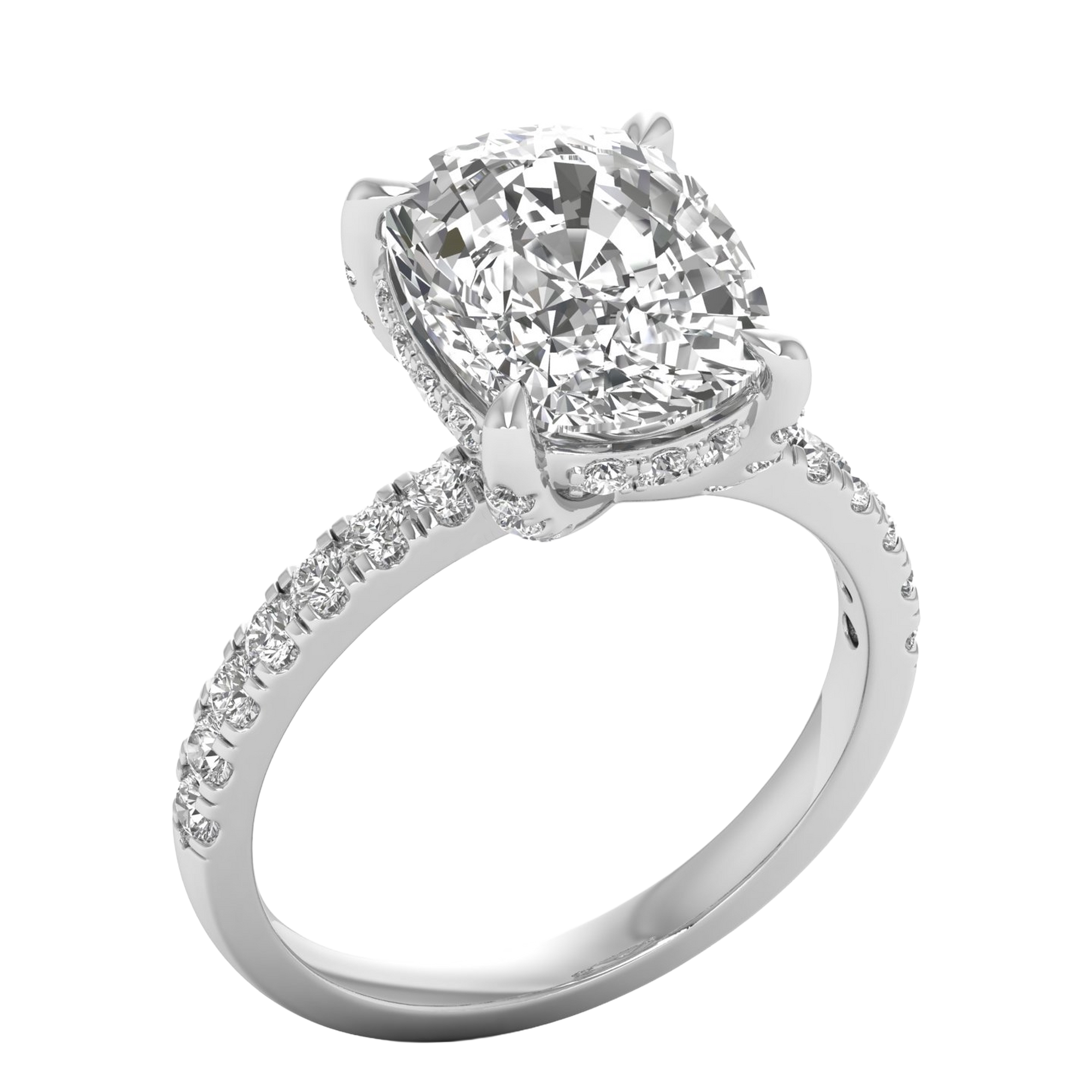 4.66 karaat cushion solitaire‑pavé ring met verfijnde hidden‑halo rand