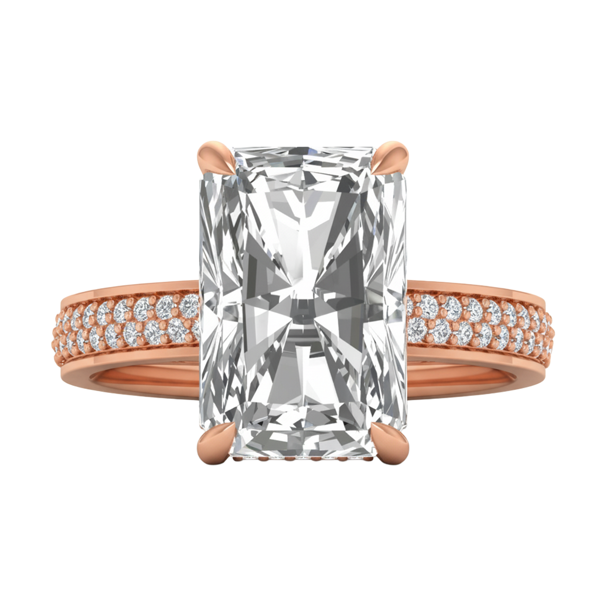 5,5 karaat solitaire emerald pave ring met ronde diamanten in de band en hidden halo