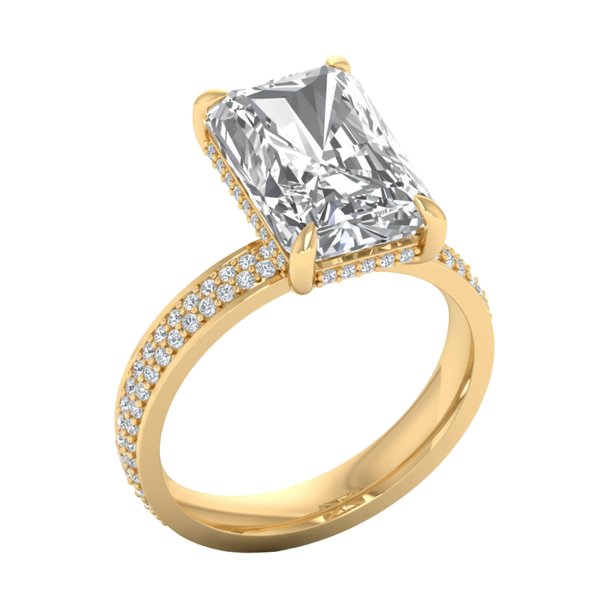 5,5 karaat solitaire emerald pave ring met ronde diamanten in de band en hidden halo