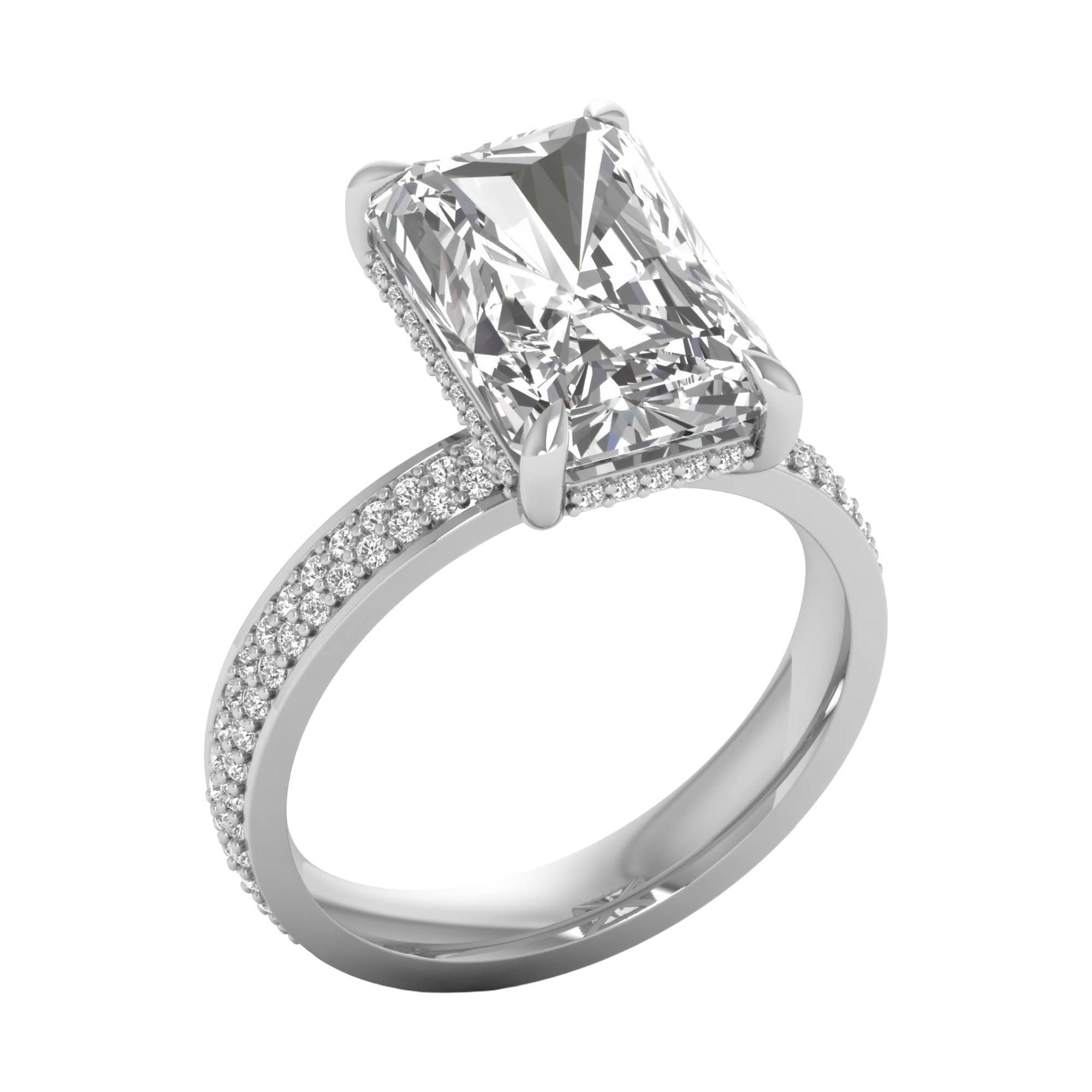 5,5 karaat solitaire emerald pave ring met ronde diamanten in de band en hidden halo