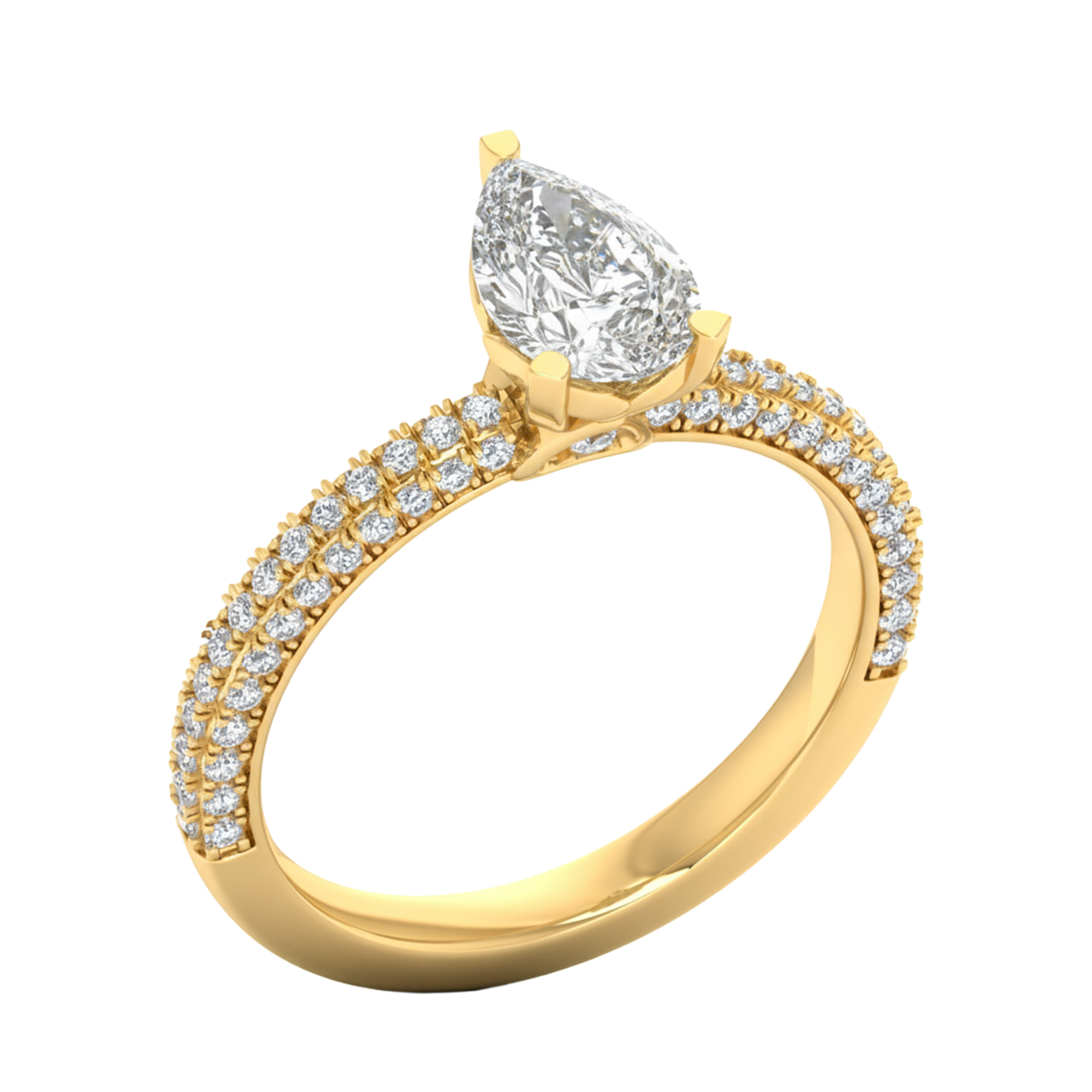 1.5 karaat solitaire pave ring met peer center diamant met ronde dubbele zetting in de band