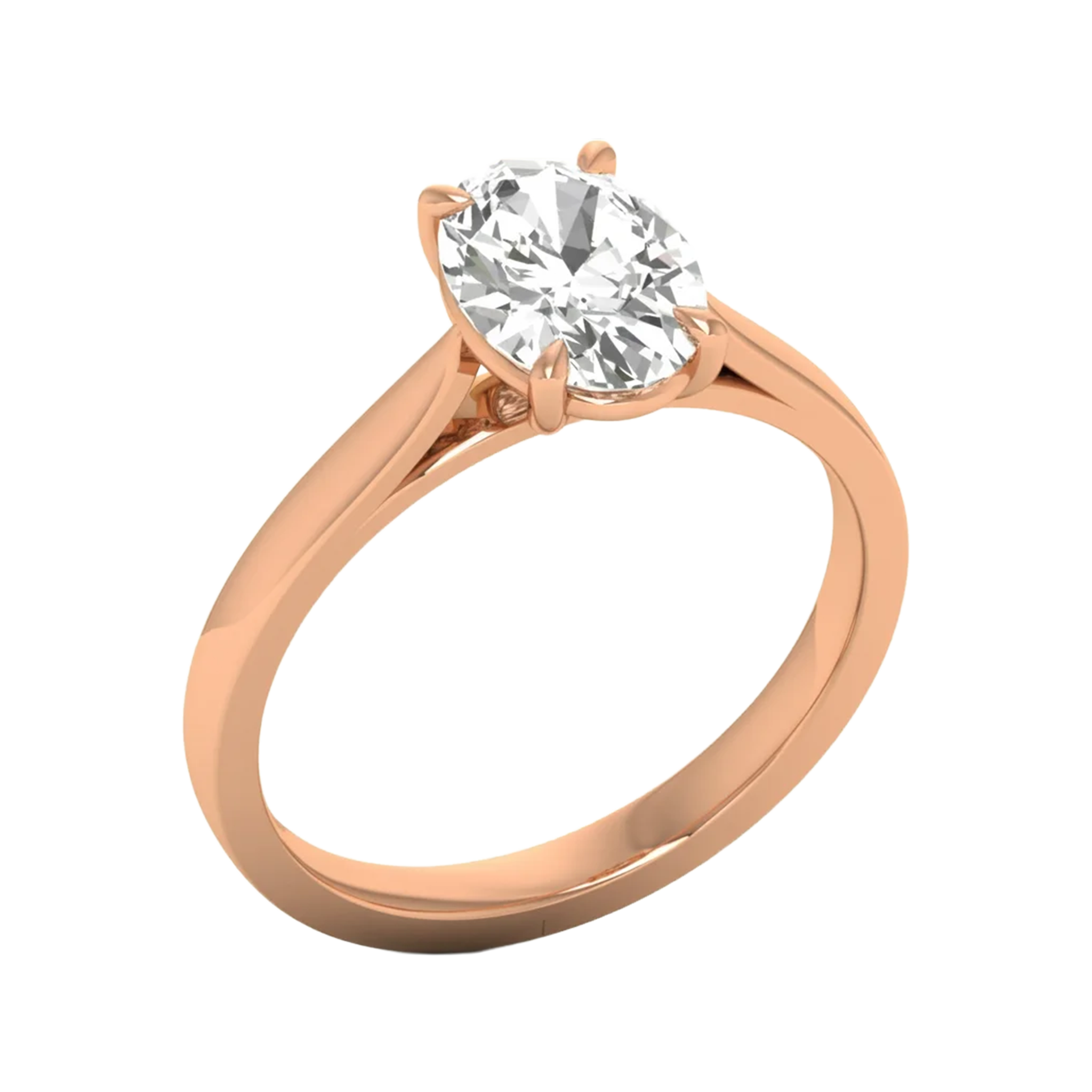 Ovale Solitaire Ring met 4‑Poots Zetting en Flat‑Rectangular Band 0,25–3 karaat