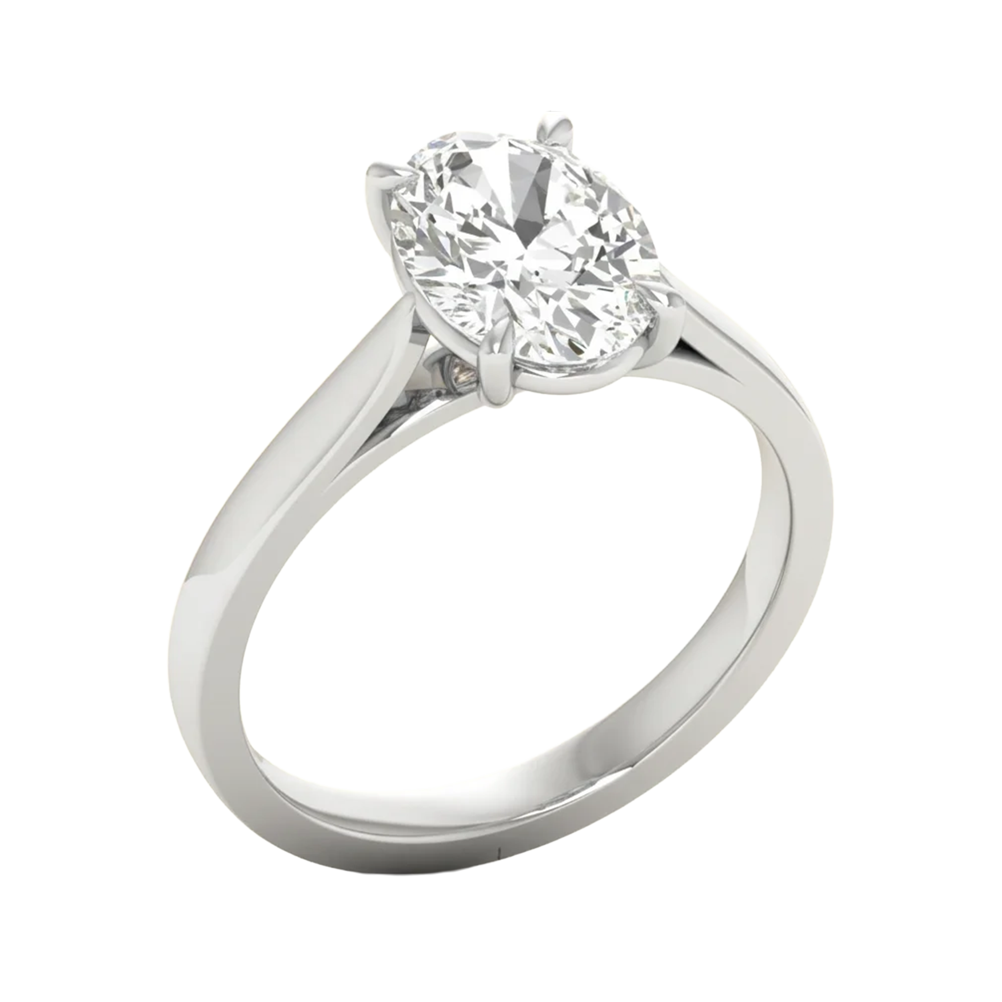 Ovale Solitaire Ring met 4‑Poots Zetting en Flat‑Rectangular Band 0,25–3 karaat