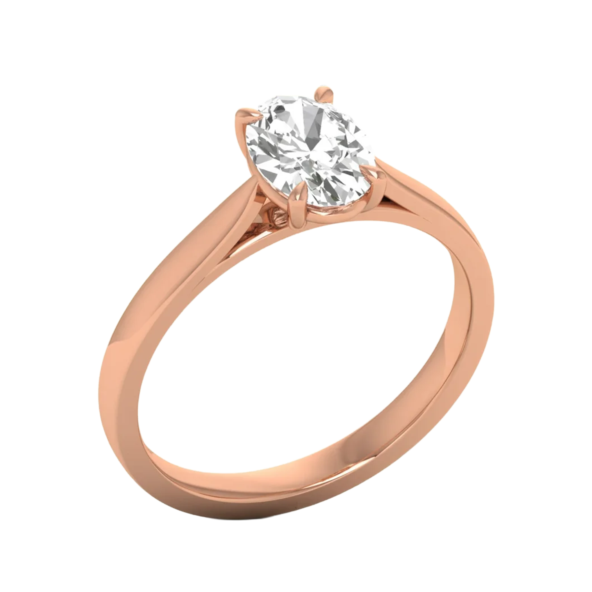 Ovale Solitaire Ring met 4‑Poots Zetting en Flat‑Rectangular Band 0,25–3 karaat